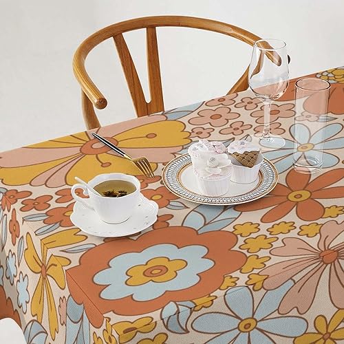 Miniatura 955 de Mantel floral hippie, diseño retro de los años 70, naranja, rosa, azul, floral, bohemio, estampado estético de margaritas, para fiesta, picnic