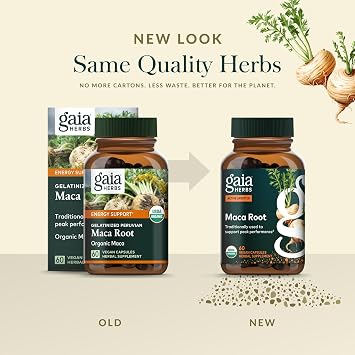 Gaia Herbs Maca Root - Caffeine-Free Energy Supplement - Traditionally Used to Support Healthy Energy & Stamina* - Made with Organic Maca Root (Lepidium meyenii) - 60 Vegan Capsules (60 Servings)