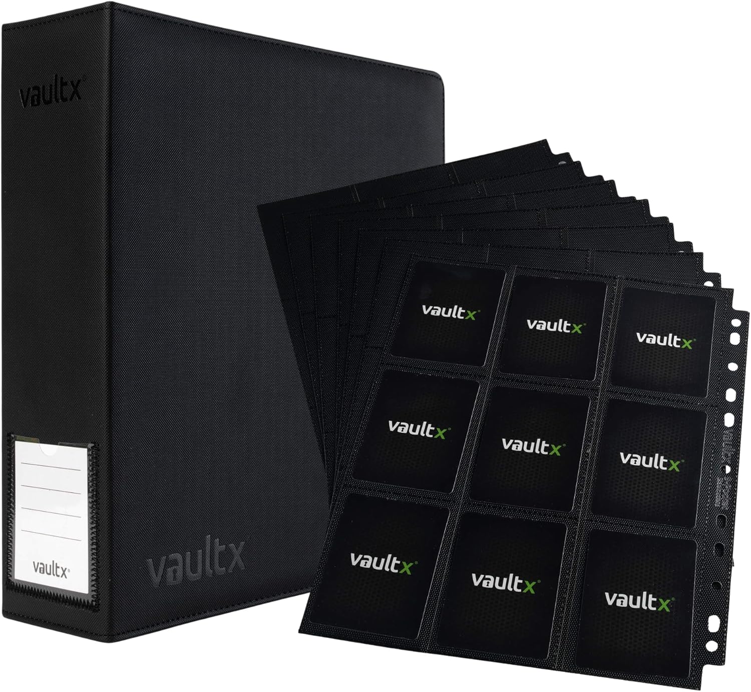 Vault X - Black Exo-Tec 3 Ring Binder (Large) with 9 Pocket Sideloading Pages (50 Pack) for 810 Single-Sleeved Trading Cards