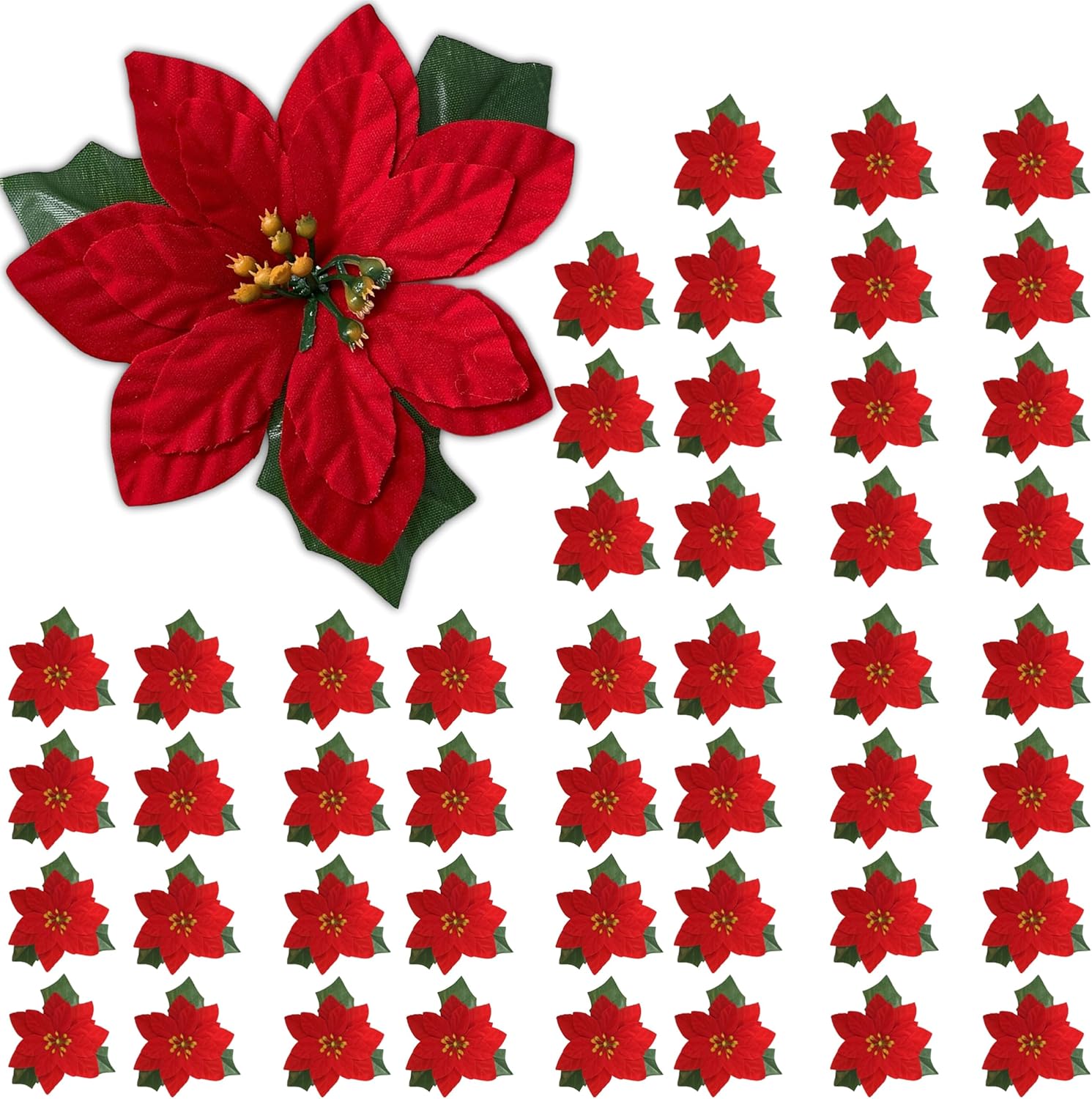 BANBERRY DESIGNS Poinsettia Flower Ornaments - Set of 48 Clip On Red Poinsettias - Christmas Decorations - Crafting & Floral Accessories - Each is 4.5" W & Costs $.69