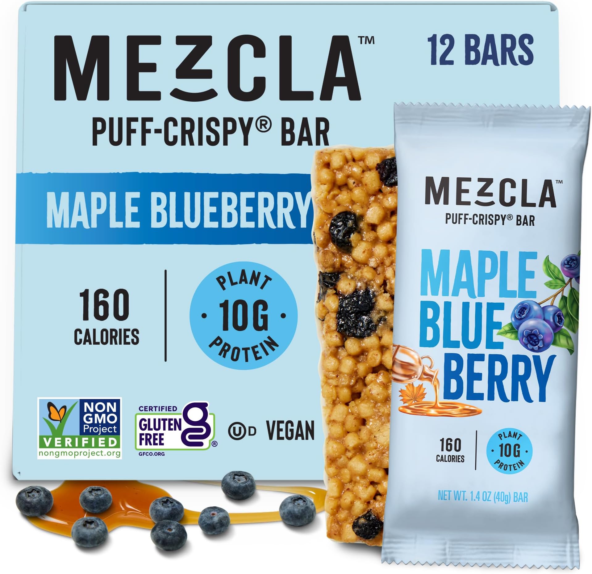 Mezcla Puff-Crispy Plant Based Protein Bars - Maple Blueberry - Healthy Snacks for Adults & Kids - Granola Bars for School, Travel, Office Snacks - Gluten Free, Vegan, Non GMO, 10g Protein - 12 Count