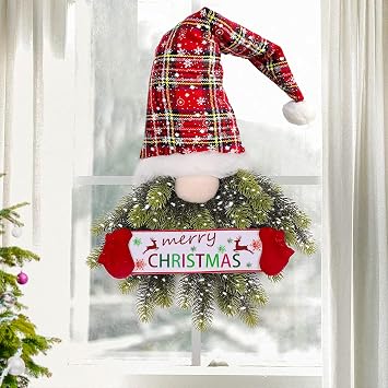 BFYDOAA 13x27in Christmas Gnome Wreath Artificial Pine Spruce Wreath with Merry Christmas Sign for Home Front Door Window Wall Gnome