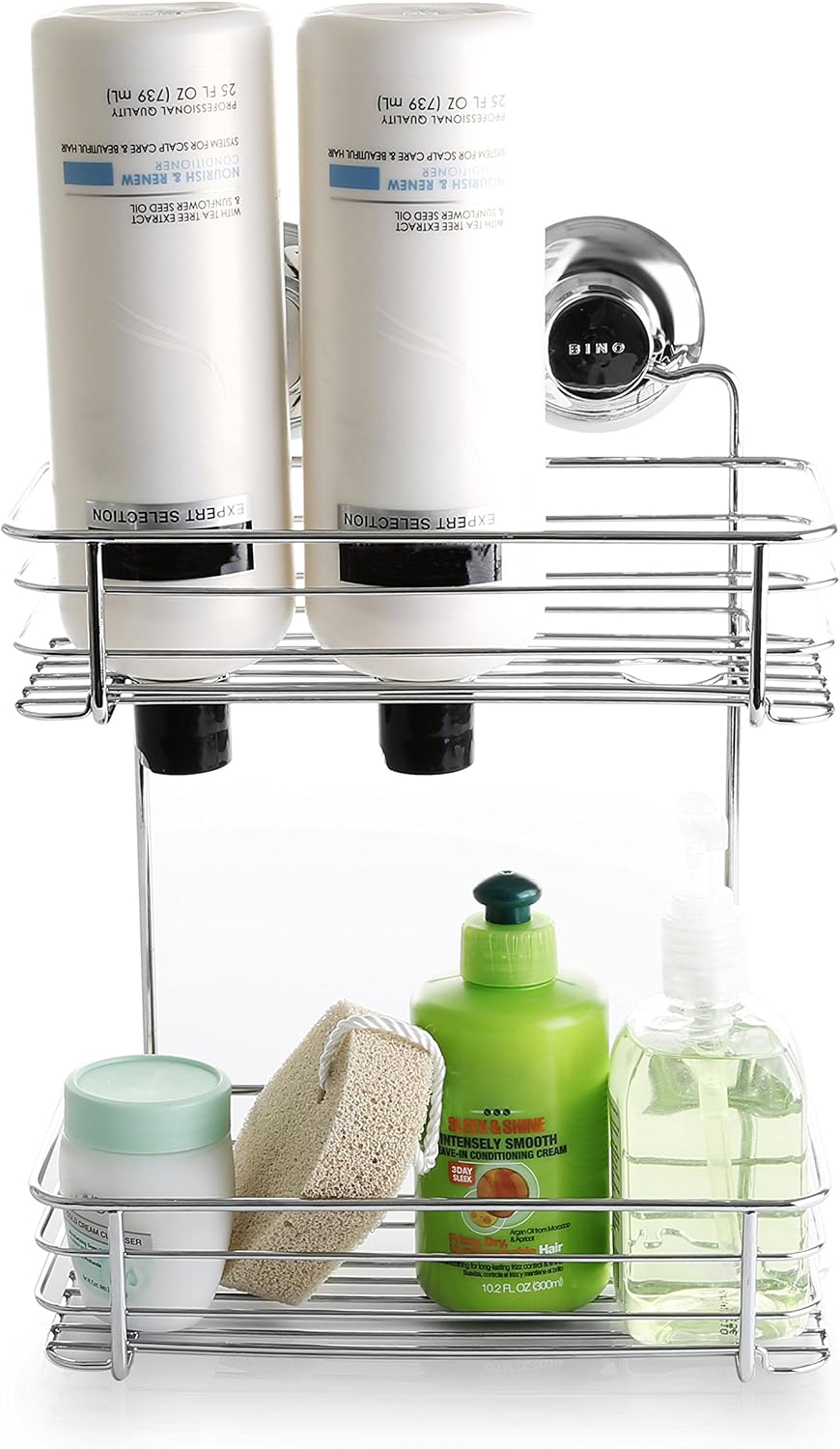 BINO SMARTSUCTION Rust Proof Stainless Steel Shower Caddy, 2-Tier Shelf