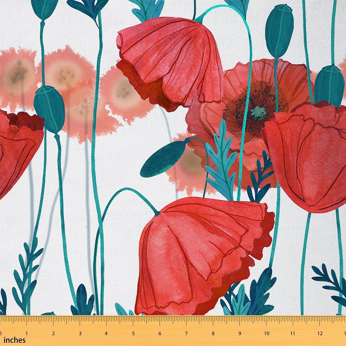 Richhome Multi 22 Retro Red Poppy Fabric By The Yard Watercolor Wild Botanical Flowers Fabric For Sewing Lovers Vintage Floral Plants Rustic Style Fabric For Room Decor And Diy Upholstery 3 Yards