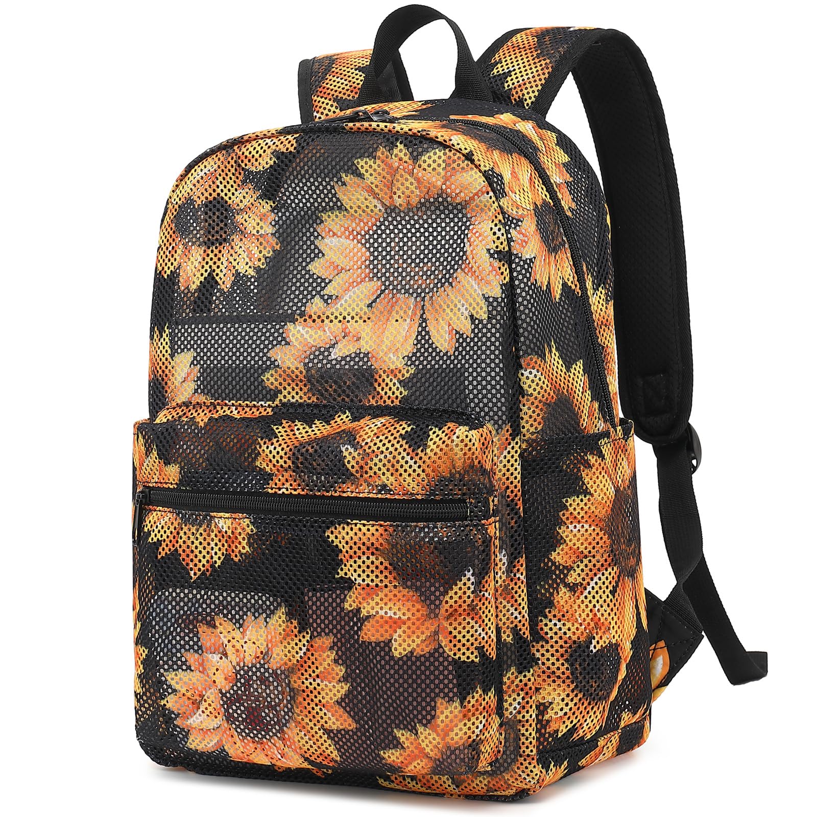 Xunteny Sunflower Mesh Backpack for Girls Women, Semi-Transparent Kids School Backpack College Bookbag for Beach Gym Travel (Black)