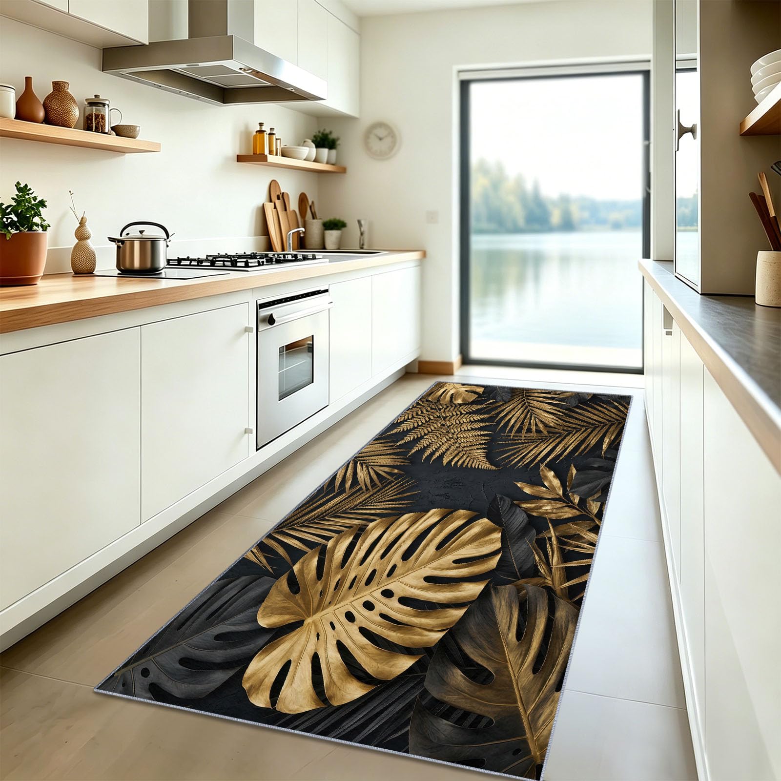 Tapis Salon Lavable Moderne Luxe Tropical Plante Feuille De Monstera, Doux Antidérapant Tapis de Passage Couloir, Cuisine, Entrée, Adulte Enfant Chambre, Descente de Lit Decoration 80 x 180 cm, Gris