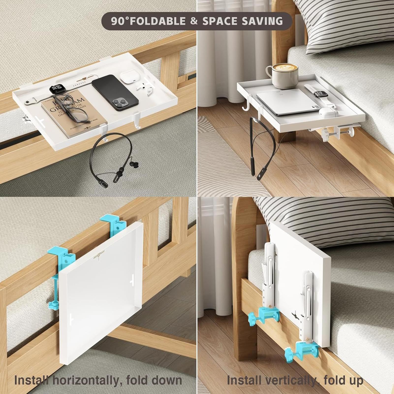 Faltbarer Nachttisch, Betttablett mit Clip, ansteckbare Nachttischregale, Nachttisch mit Clip und Kabelmanagement für Zuhause, Schlafzimmer, Wohnung