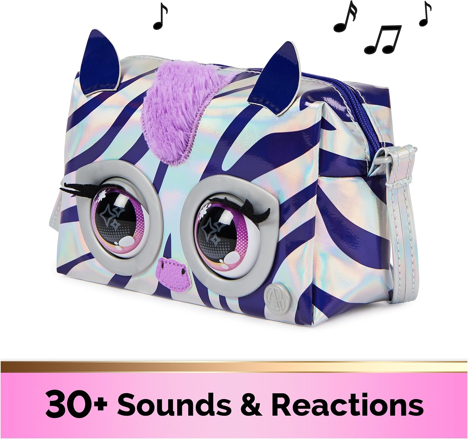 Purse Pets Metallic Magic - Zebra - Interactive Companion - Hand Bag - Interactive Animal - Metallic Style Interactive Animal That Flashes Eyes - Sounds and Play Modes - Children's Toy Age 5+