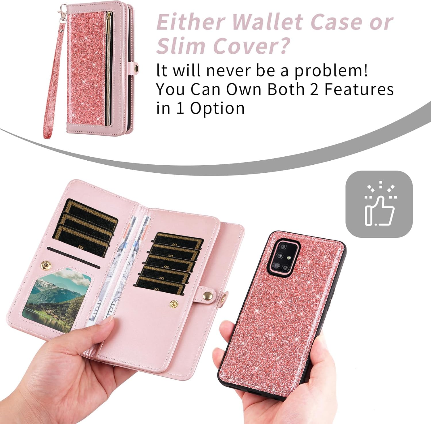 Asuwish Phone Case for Samsung Galaxy A51 5G/A 51 5G UW Verizon Zipper Wallet Detachable Cell Cover with Tempered Glass Screen Protector Strap Bling Glitter Flip Card Holder 51A G5 S51 Women Men Pink