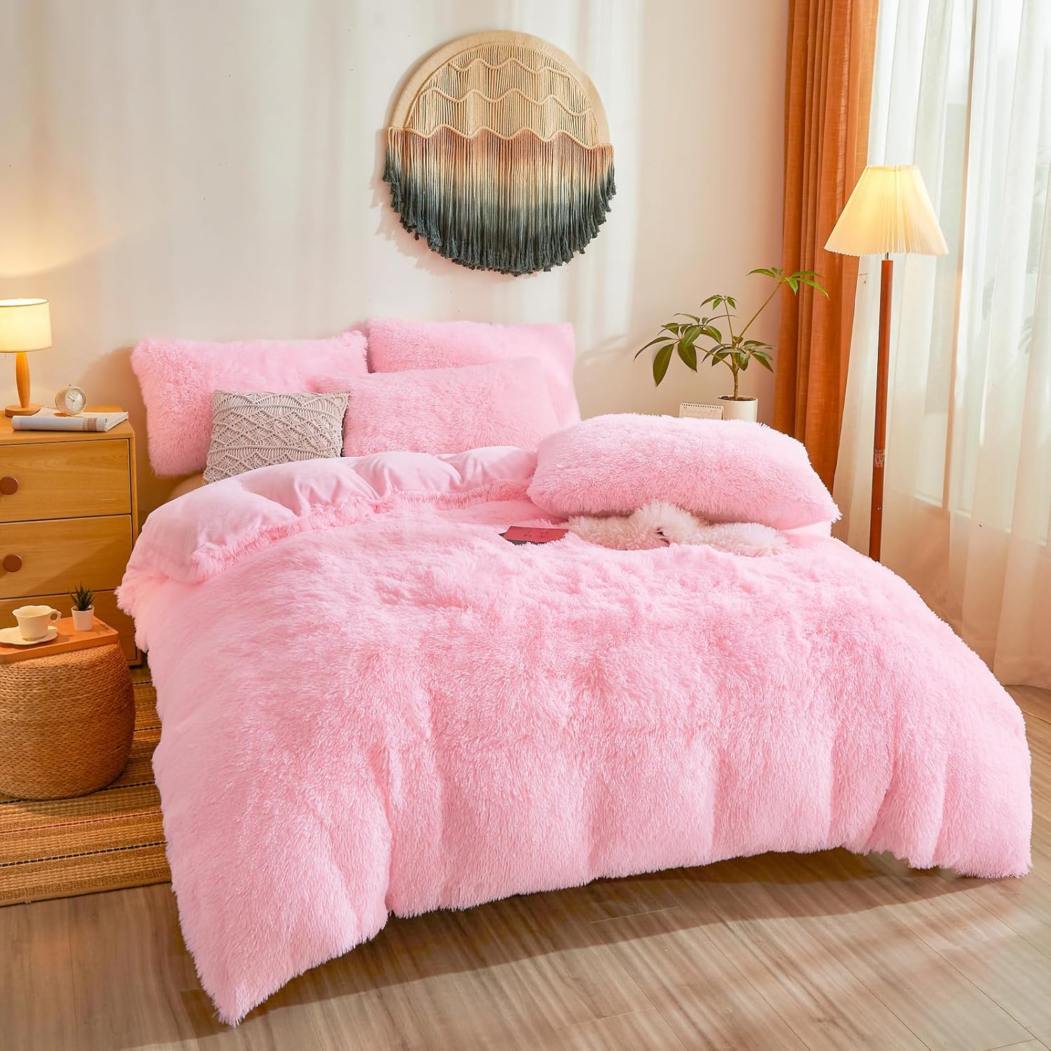 Besfunny Fluffy Pink Comforter Cover Queen Set – Plush Faux Fur Pink Bedding 3-Piece Set (1 Faux Fur Duvet Cover + 2 Furry Pillow Shams) Cozy Fluffy Bed Set - Image 2