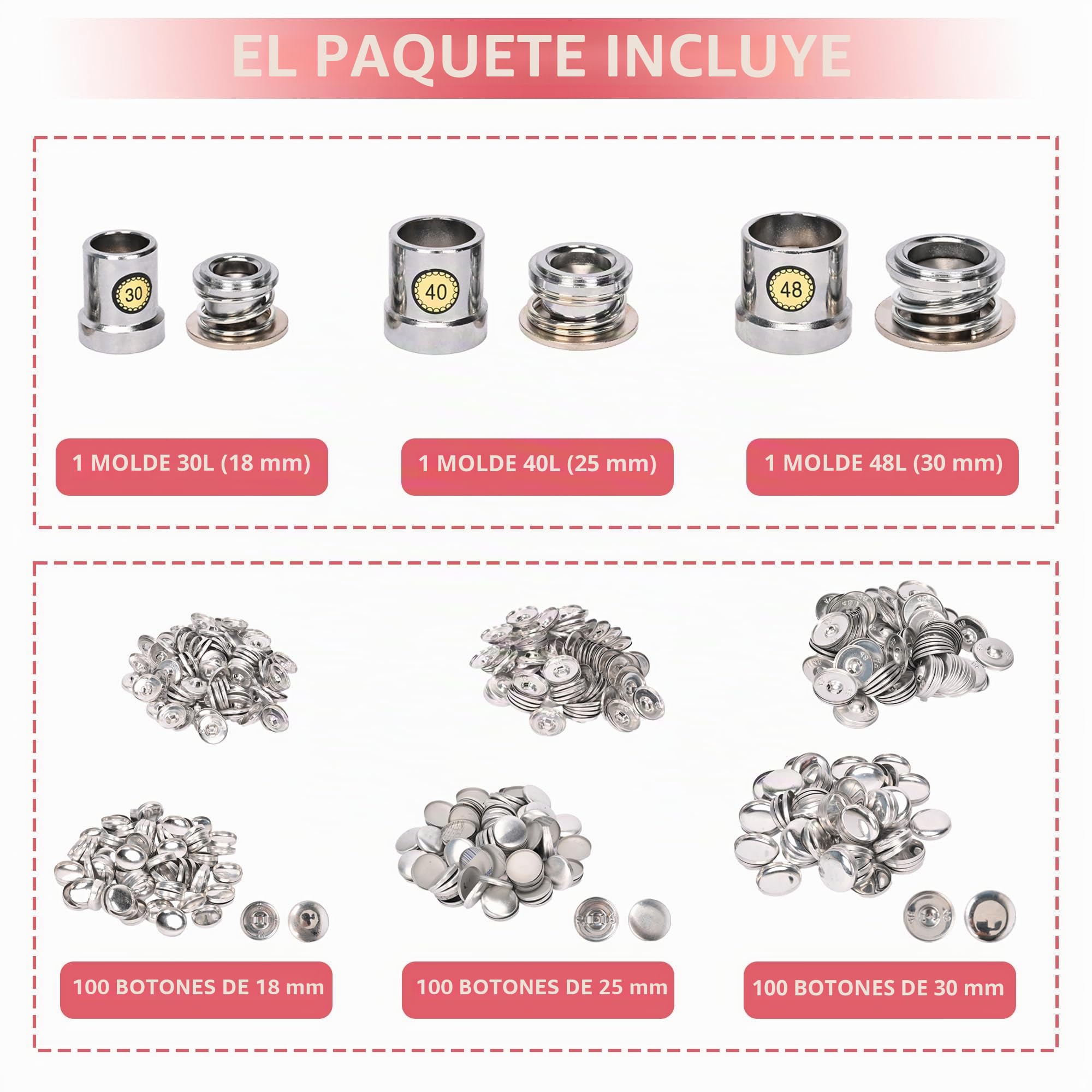 Máquina para Forrar Botones de Tela Hecha a Mano con 3 Moldes (18 mm, 25 mm, 30 mm) y 300 Piezas