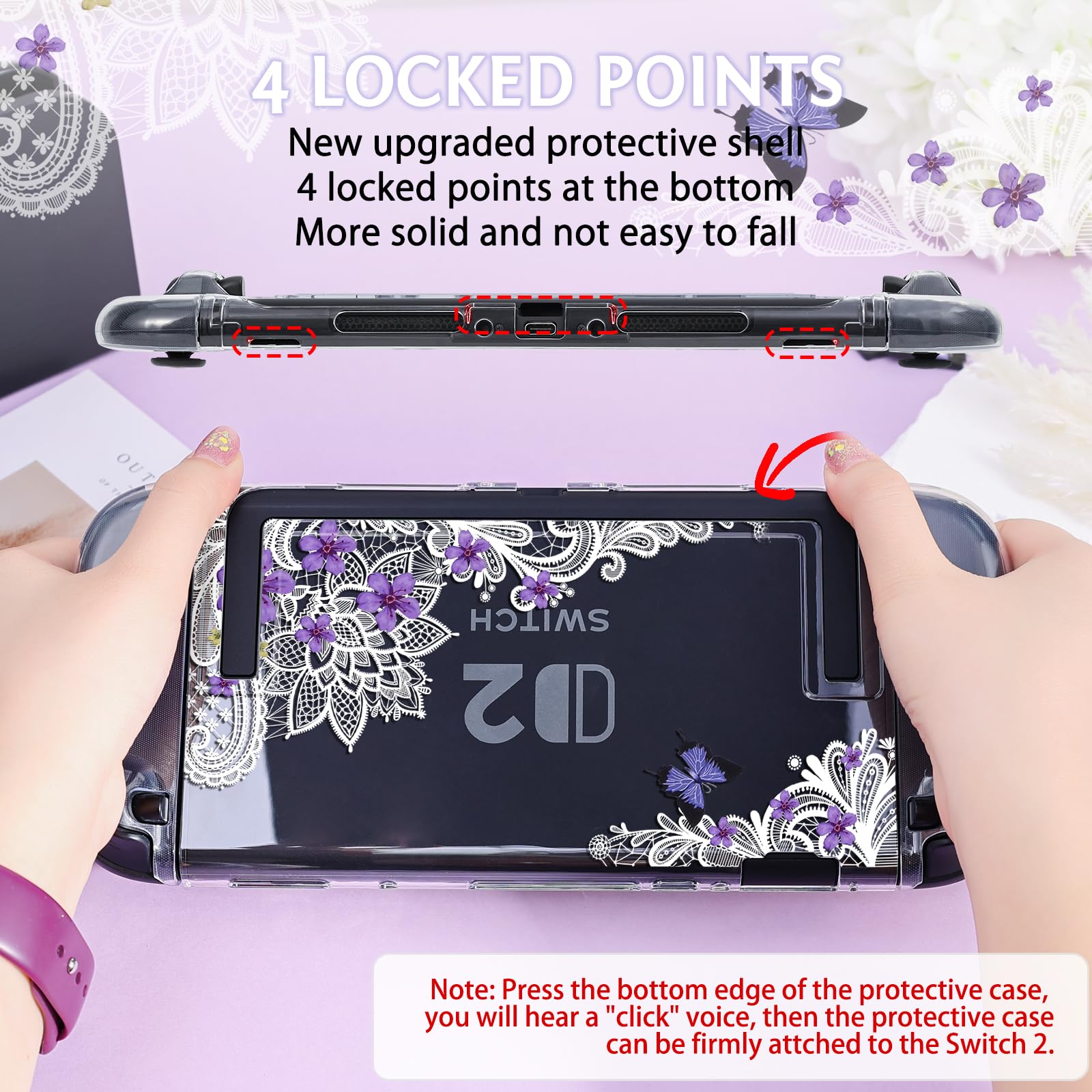 DLseego Protective Case Flower Floral Clear Switch 2 (2025), Detachable Joy-Handle Protective Case 2-Piece Split Full Wrap PC Hard Shell Anti-Scratch All-Round Protection Cover, Butterfly, Purple - 4