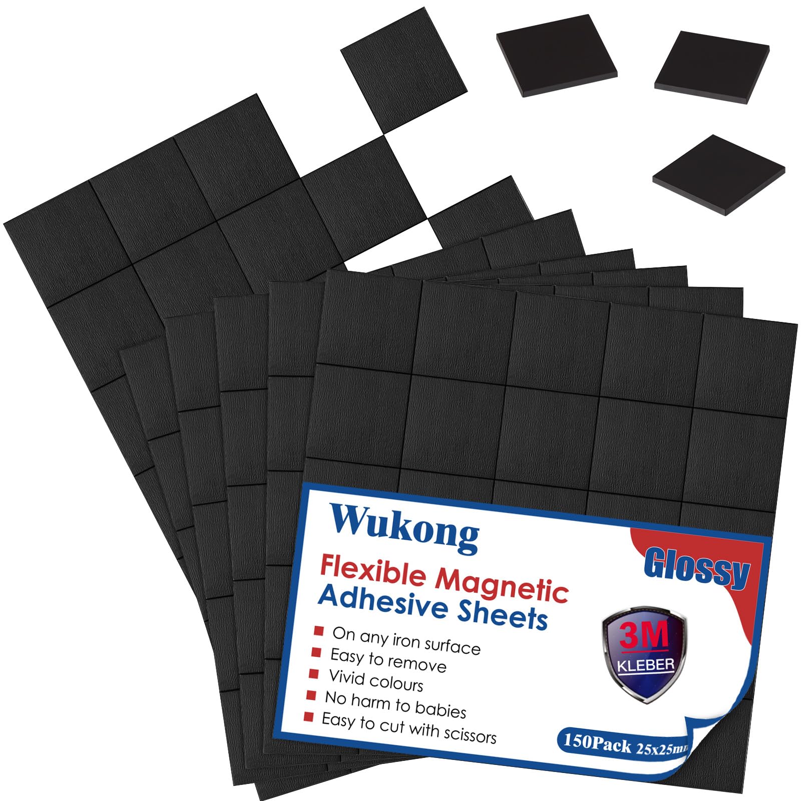 Wukong 25 x 25 mm Self-Adhesive Magnetic Plates, Pack of 150, 3M Adhesive, Self-Adhesive Magnets, Flat Magnets, Flexible Magnetic Film, Self-Adhesive for Photos and More