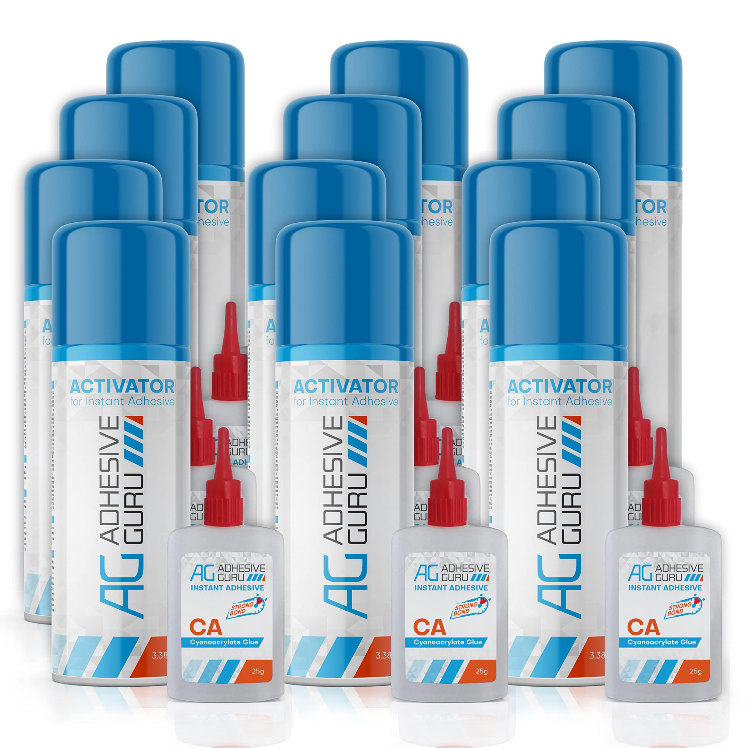 Adhesive Guru CA Glue with Activator (12x 0.9 oz-12 x 3.38 fl oz) Professional Cyanoacrylate Adhesive and Super Glue Accelerator for Ceramic,