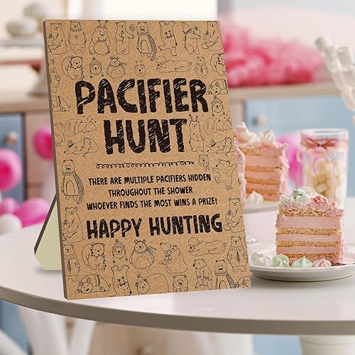 Miniatura 3 de Juego de 51 piezas de baby shower, juegos de caza de chupetes, incluyendo chupete rústico para bebé, tablero de señales de caza, chupete de bebé,