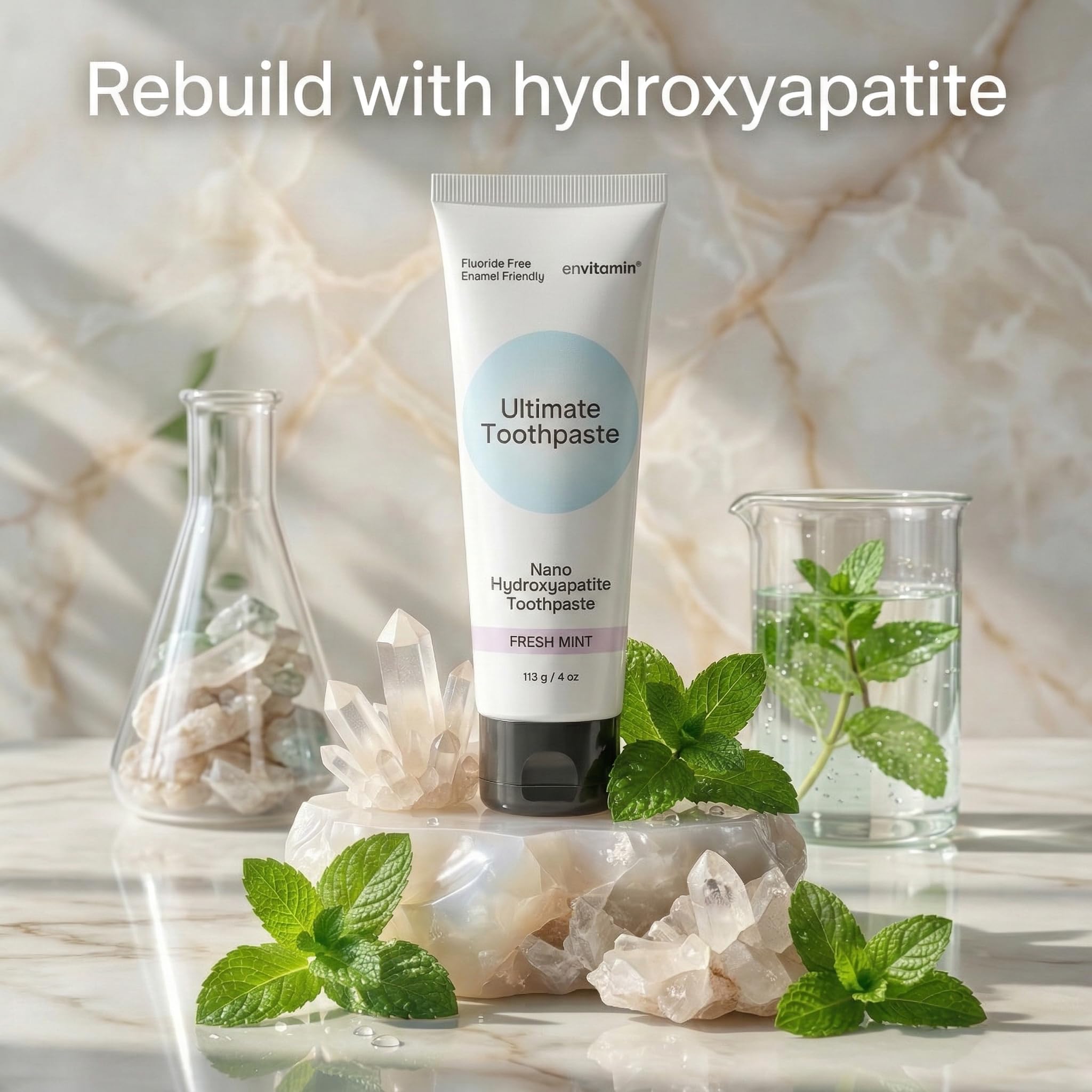 envitamin Dentifricio nano idrossiapatite senza fluoro per rimineralizzare smalto e sollievo sensibile, sbiancante, antiplacca, senza SLS, menta fresca, 113,4 g (3 tubetti, menta fresca)