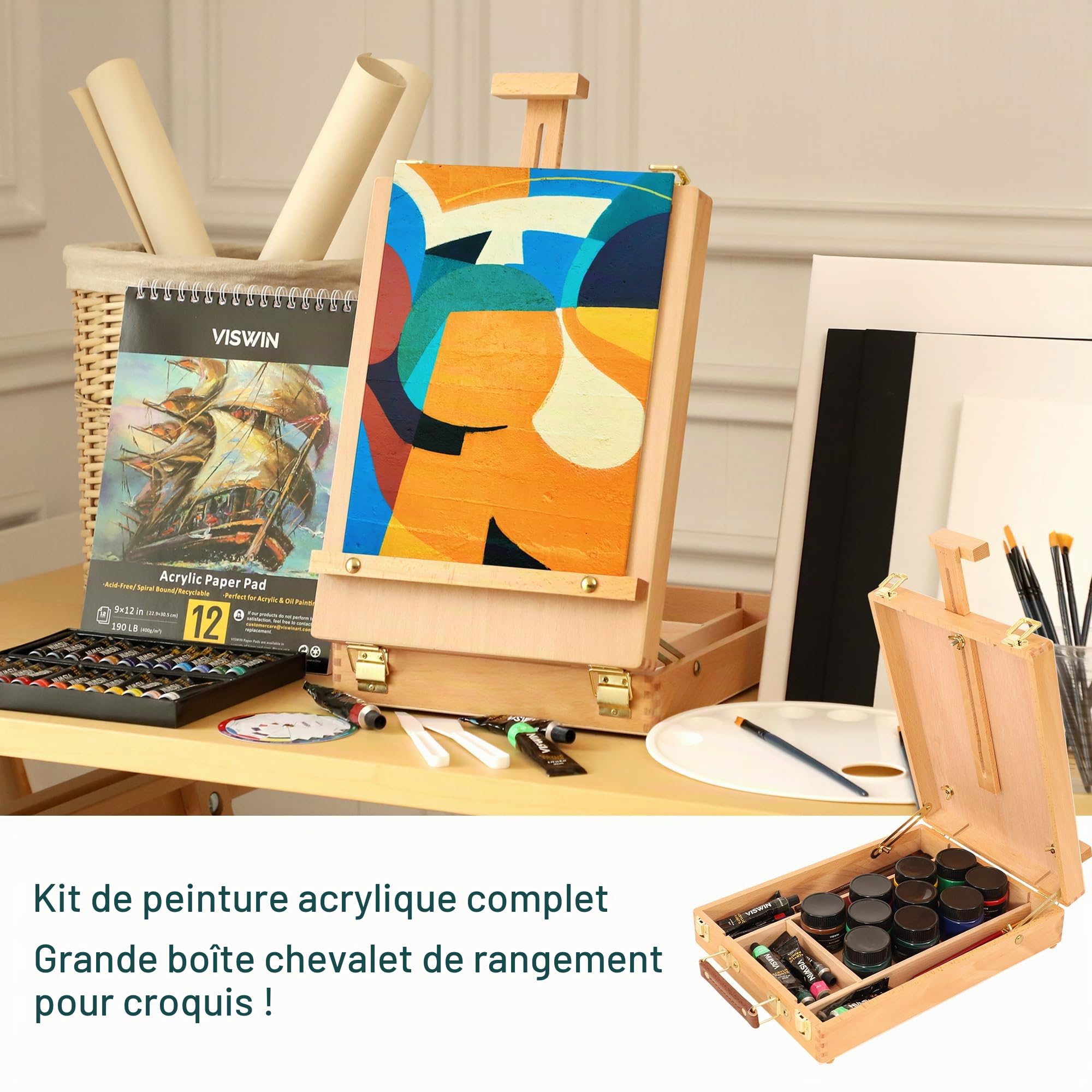 VISWIN Kit de Peinture Acrylique 62 Pièces avec Chevalet, Set Professionnel avec 24 Acryliques, Toiles, Pinceaux & Bloc, Matériel, Kit pour Adultes, Enfants, Artistes