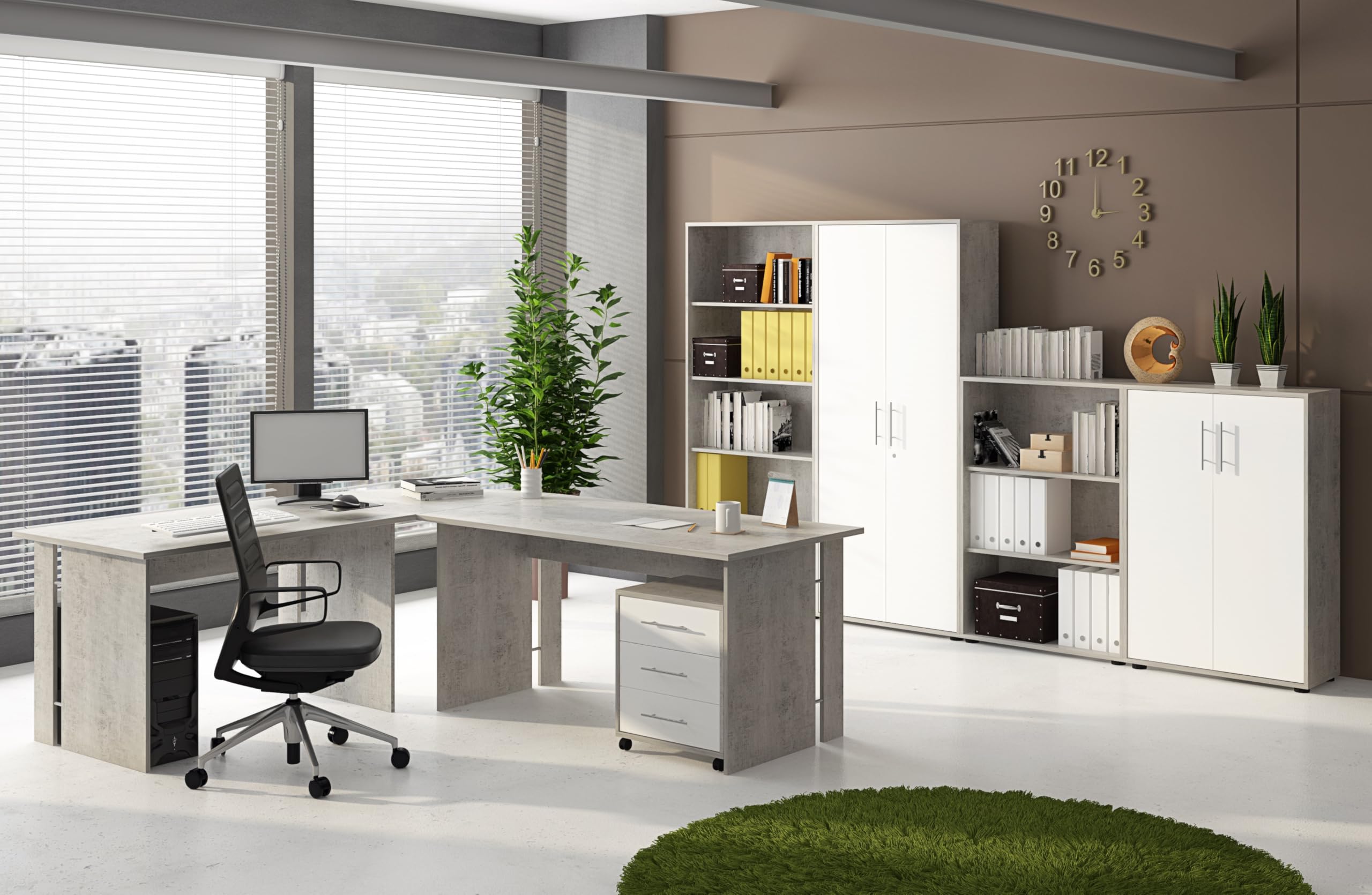 Bricozone Set Ufficio Moderno Completo In Cemento E Bianco Frassinato Con Scrivania Angolare Cassettiera Libreria E Armadi In Melaminico Antigraffio Arredo Professionale Per Home Office E Studi