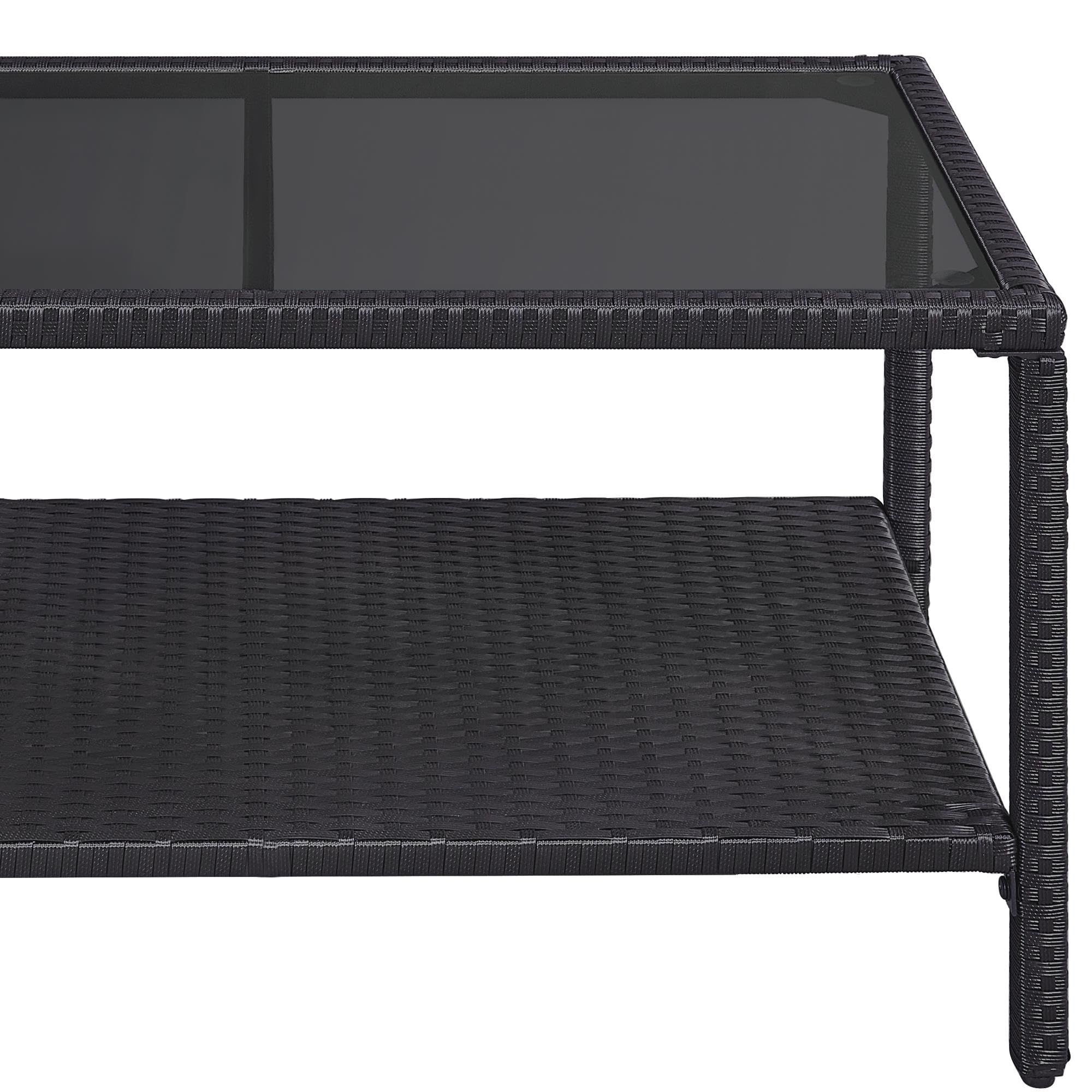 Abician Table Basse de Jardin Table Basse Résine Tressée avec Plateau en Verre Trempé Étagère de Rangement Table d’extérieur pour Patio Terrasse Salon Style Rotin Gris