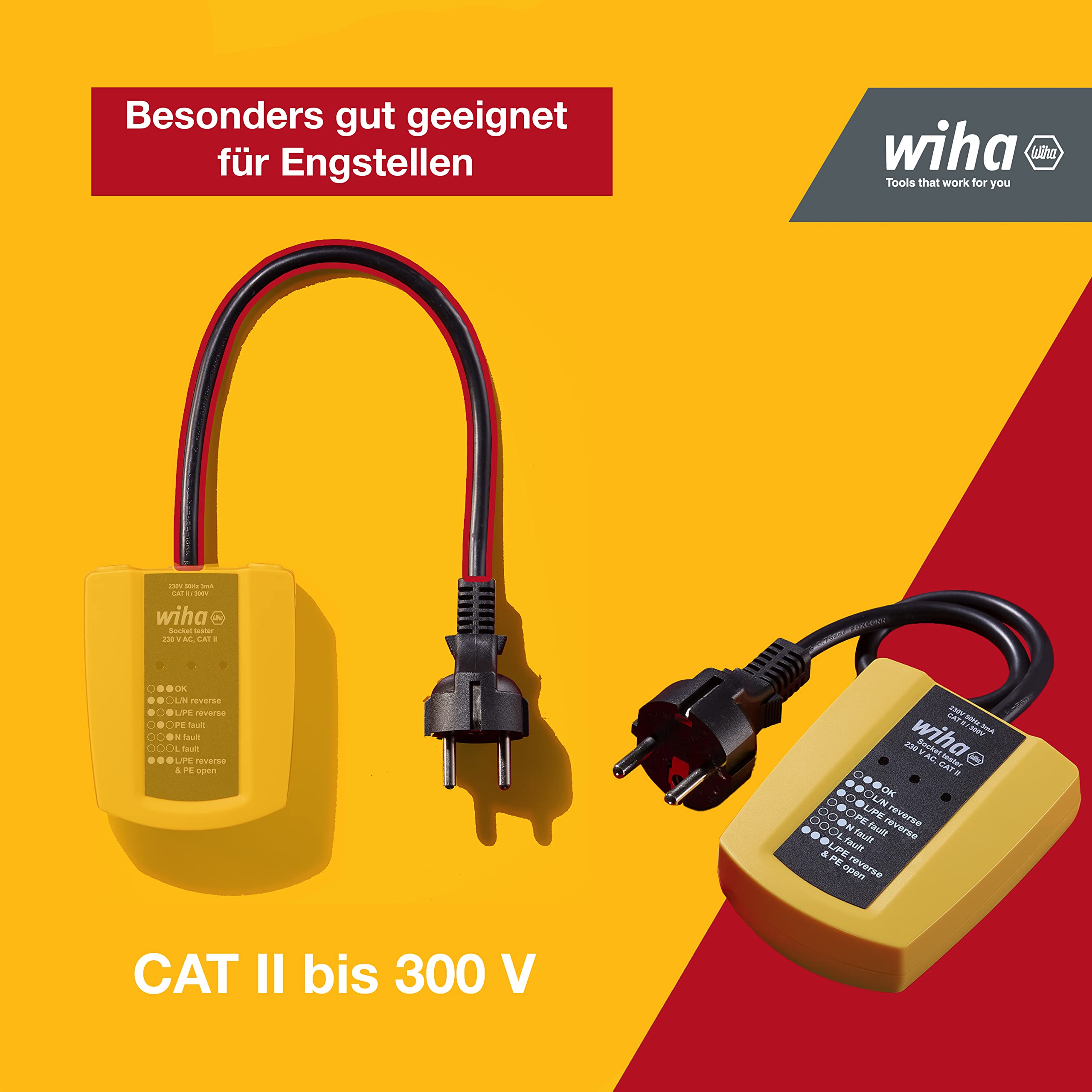 Wiha Tester per prese 230 V AC, CAT II con 2 batterie AAA I con cavo flessibile, indicatore LED (45220)