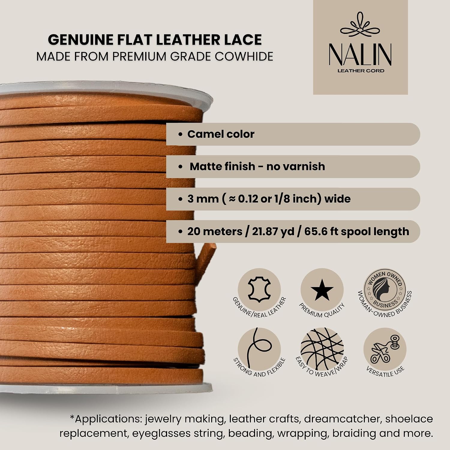 Real/Genuine Flat Leather Cord for Jewelry Making, Leather Strips & Laces for Necklaces, Bracelets, Accessories, Crafts – Matte Finish (Camel - Matte, 3 mm)