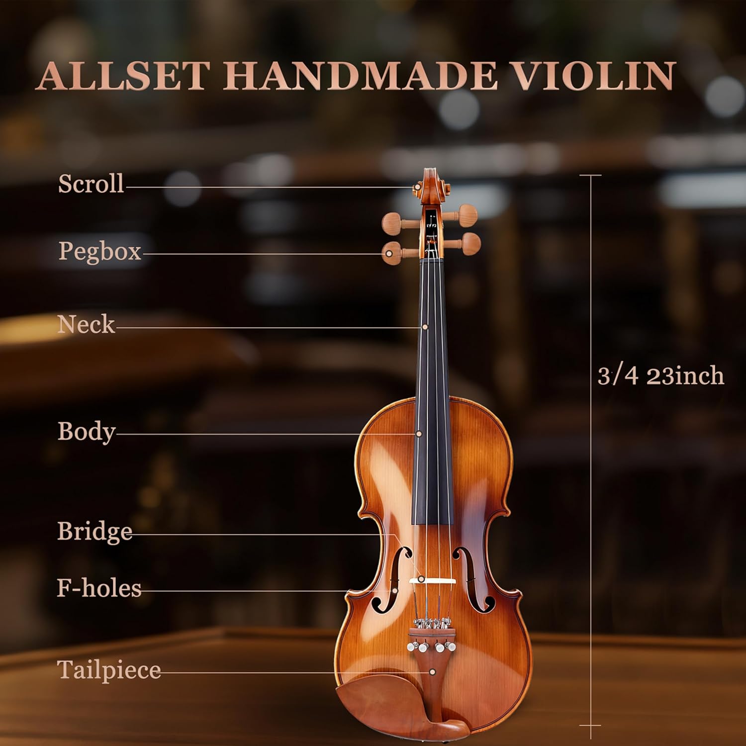 ALLSET 3/4 Full Size Acoustic Violin Kit for Beginners | Polywood Glossy Handmade Violin with Hard Case, Bow, Rosin, Shoulder Rest, Tuner & Extra Strings | Violin for adults | Tiger Stripe