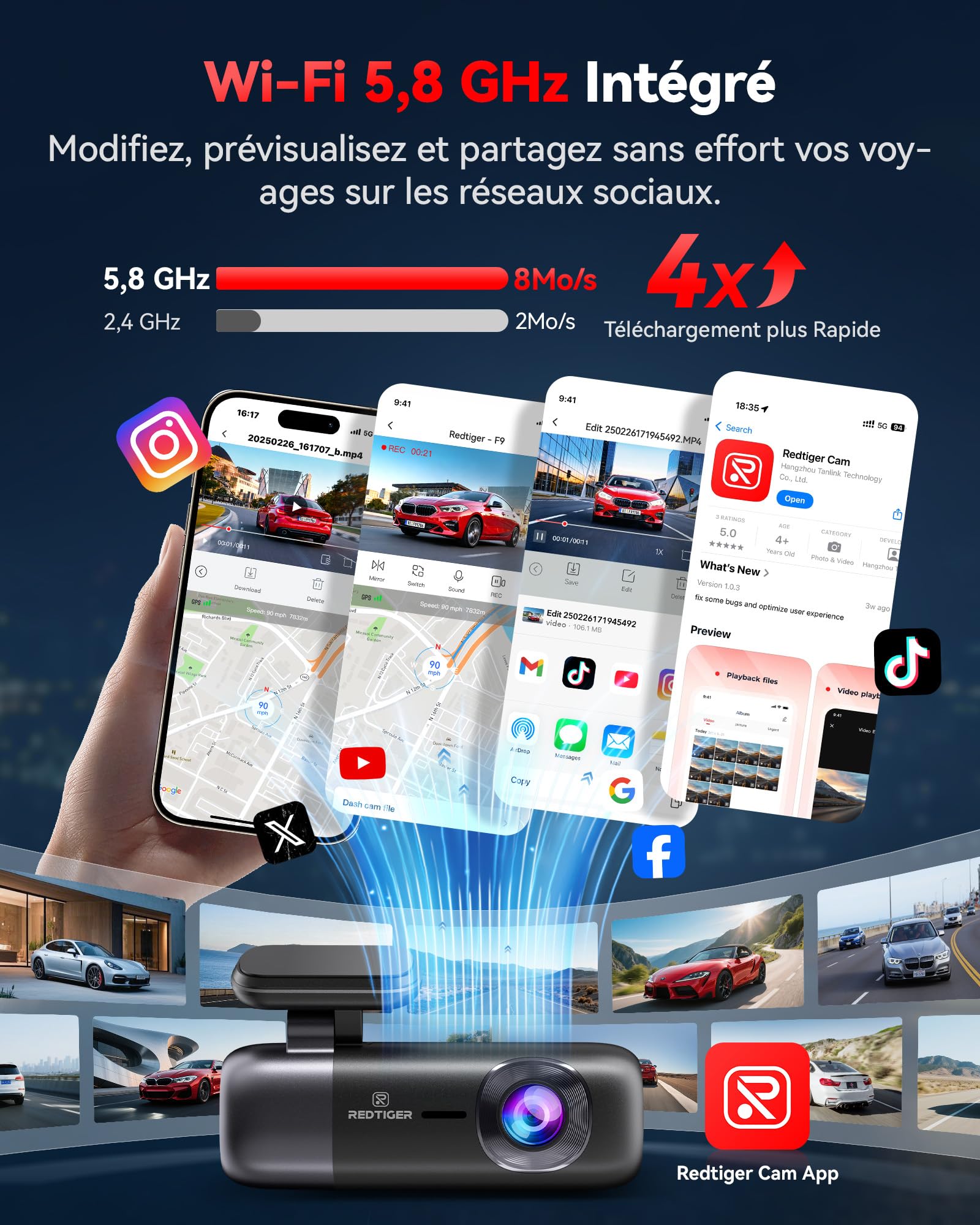 REDTIGER Dashcam Voiture avec WiFi 5 GHz, 4K+1080P Avant et Arrière, GPS | Enregistrement en Boucle, Vision Nocturne, Surveillance du Stationnement, Contrôle Via Application (F9)