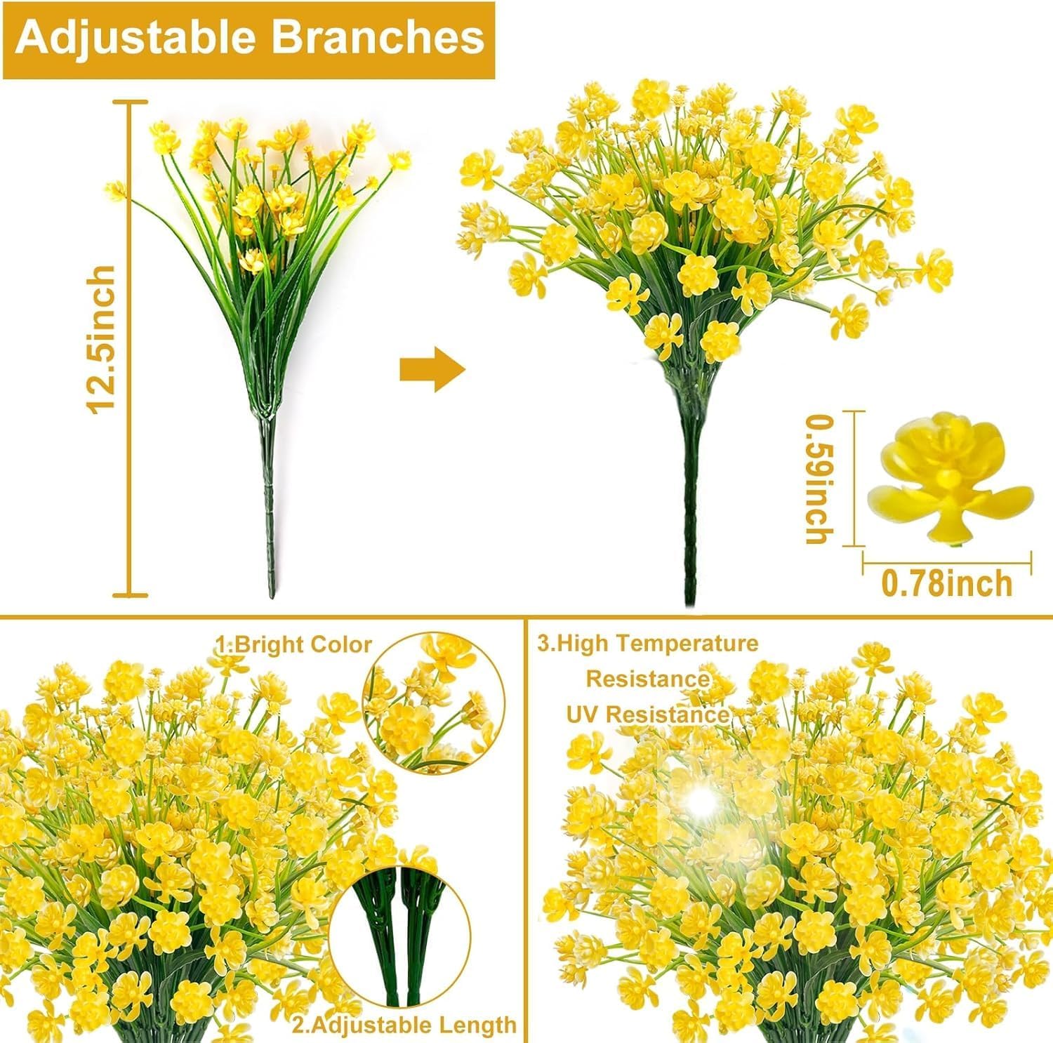 TURNMEON 28 Bundles Artificial Flowers for Outdoors Fake Plants, UV Resistant Faux Plastic Artificial Plants Cemetery Flowers for Spring Summer Decor Window Box Porch Indoor Home Decor (Yellow)
