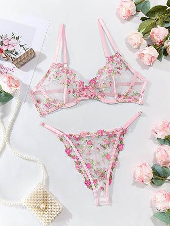 Lilosy Sexy Lingerie Set 2 Piece Women Push Up Bra and Panty 3XS-5XL | Floral Embroidered Plus Size Curvy Cute Sheer Mesh Lace See Through Bachelorette Gift Valentine's Christmas Bridal Exotic