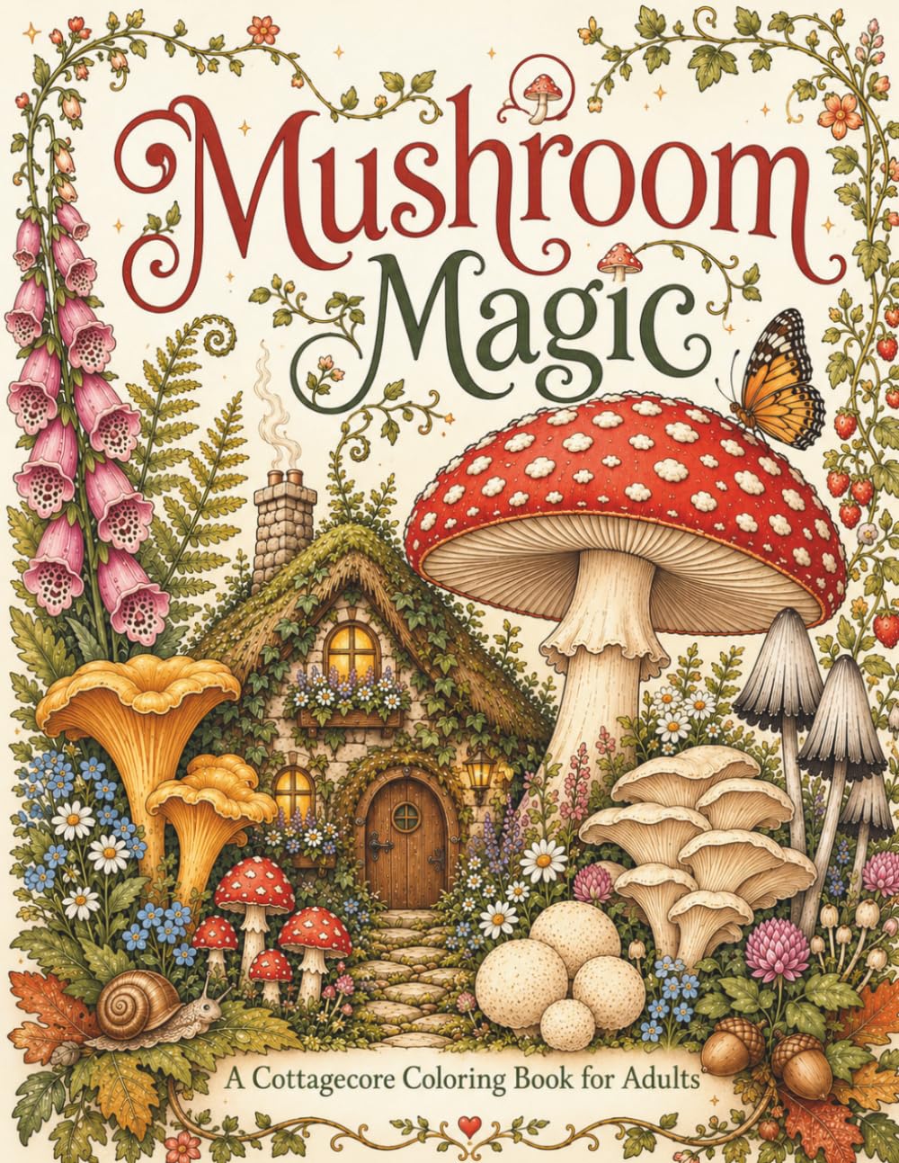 Mushroom Magic: A Cottagecore Coloring Book for Adults: 31 Whimsical Forest Mushrooms, Fairy Cottages, and Foraging Scenes for Relaxation and Stress Relief