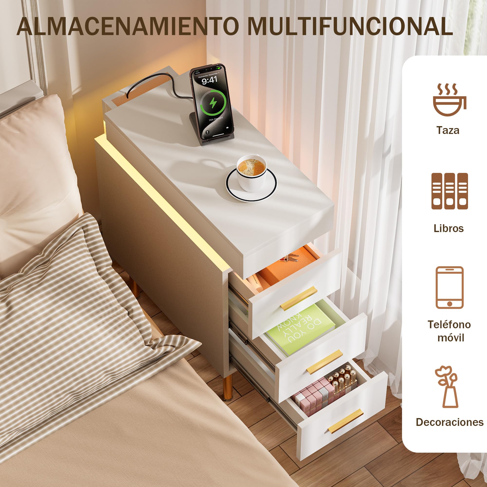 Mesita de Noche Estrecha con Enchufe y Tira de luz RGB Mesitas de Noche Estrecha con 3 cajones, Patas de Metal Dorado Mesillas de Noche para Dormitorio, Salón Blanco