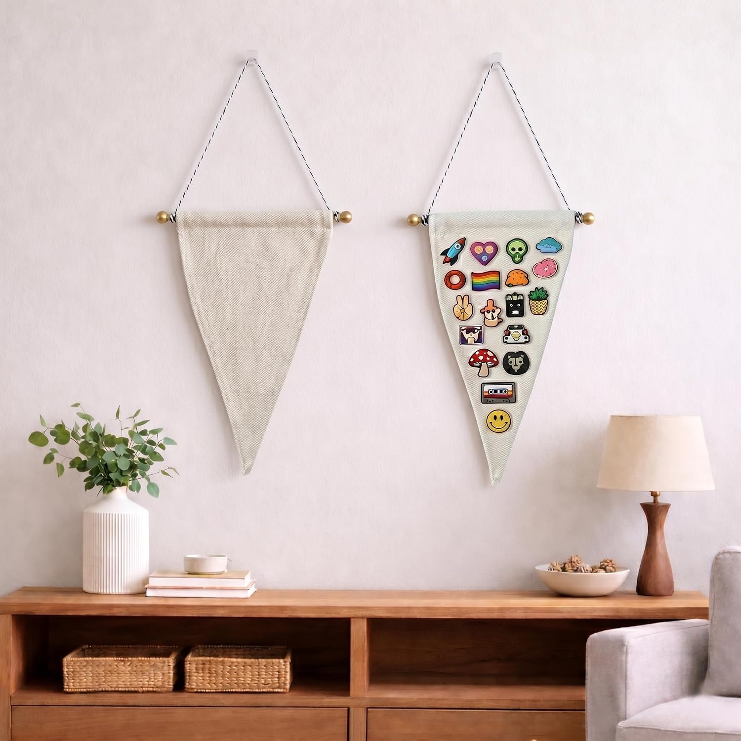 2 Pack Enamel Pin Display Banner Pennants–– Blank Canvas Hanging Banner DIY Wall Organizer with Wooden Rod & Rope for Pins Jewelry Earrings Necklaces Sublimation Ready