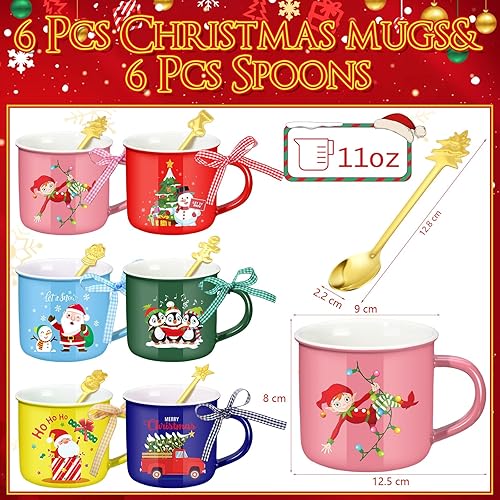Miniatura 2 de Juego de 6 tazas y cucharas de café de Navidad de 11 onzas, tazas de cerámica de Navidad con cinta, diseño de cacao caliente de Papá Noel, tazas de