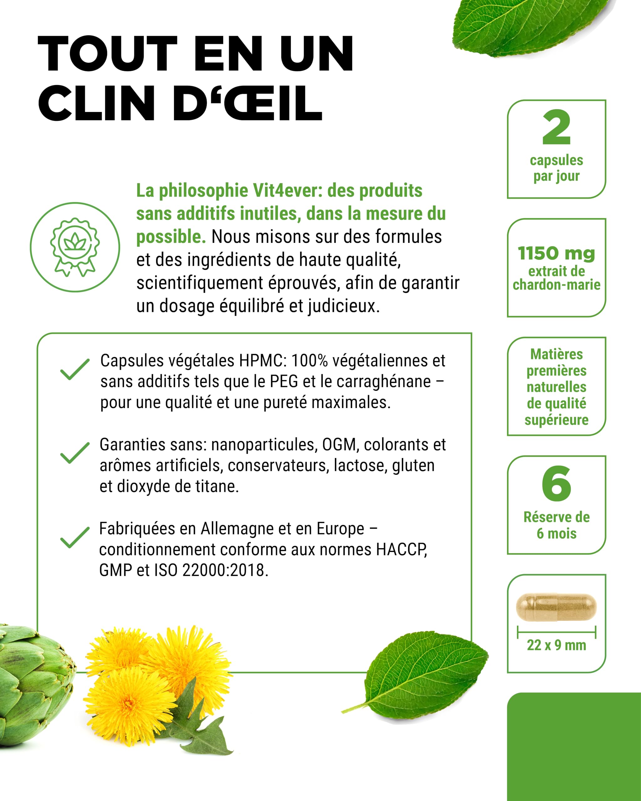 Chardon-Marie Artichaut Pissenlit Complexe - 365 capsules (6 Mois d'Approvisionnement) - Hautement Dosé avec 80% de Silymarine & 2,5% de Cynarine - Vegan