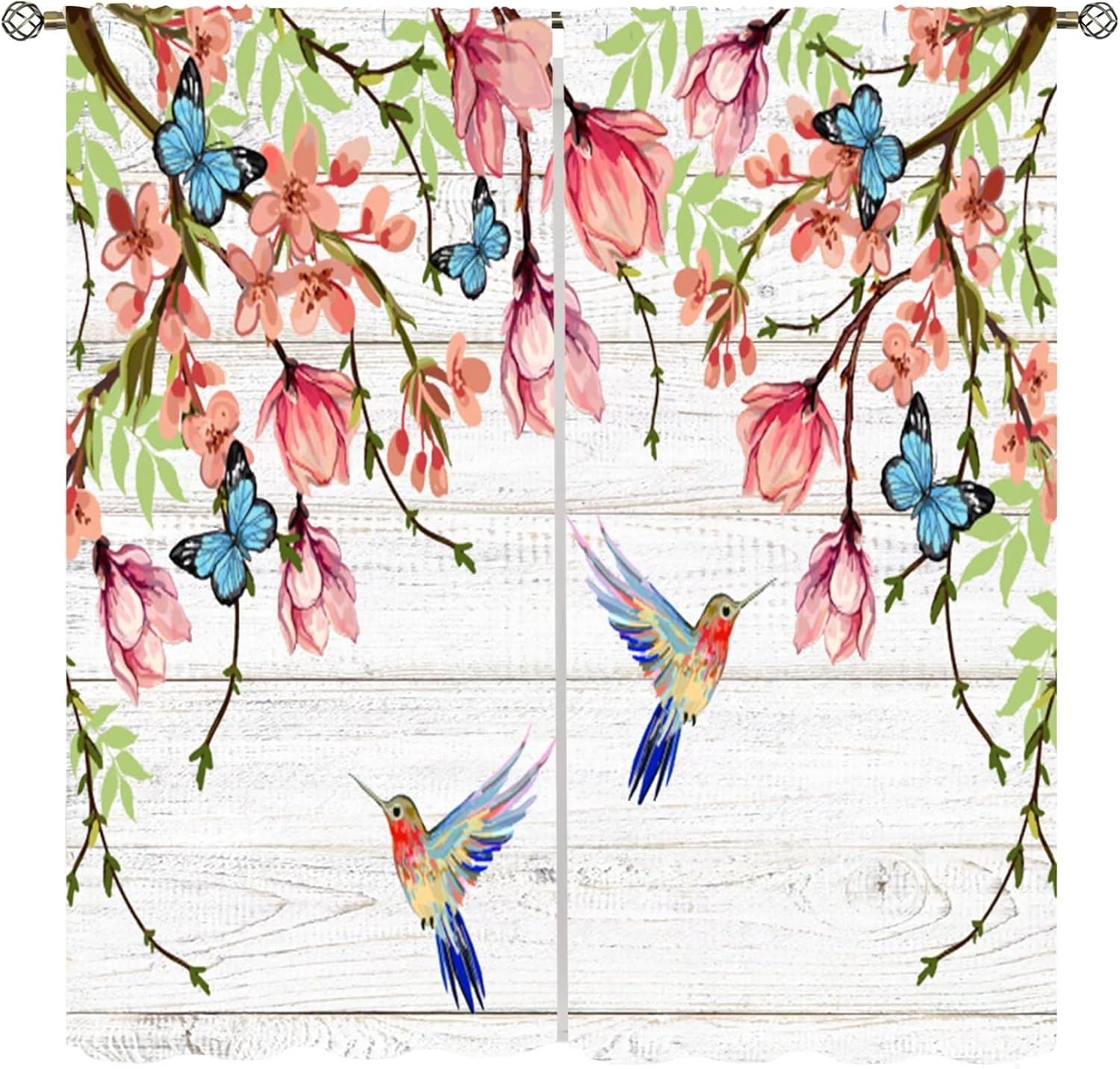Watercolor Floral Bird Curtains Modern White Wooden Board