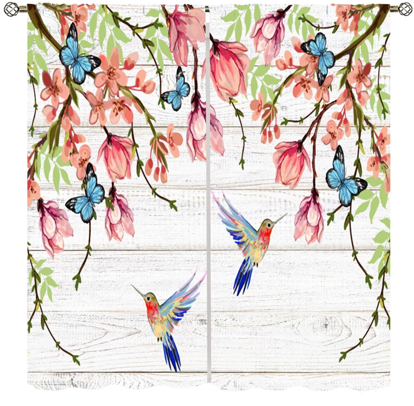 ICMOLYYENLO Watercolor Floral Bird Curtains - Modern White Wooden Board Hummingbird Pattern - Blackout Noise Reducing for Living Room Bedroom - 52x84