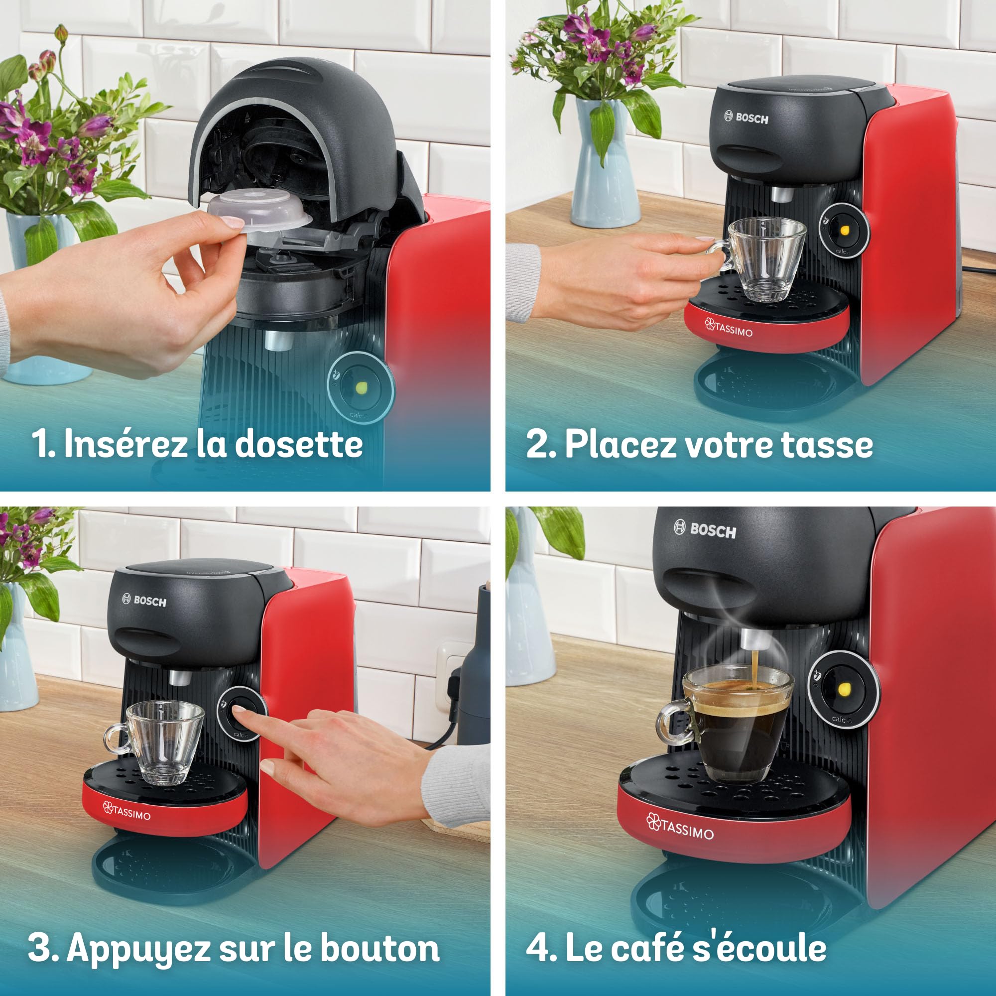 Bosch Tassimo Finesse TAS163E Machine à café multi-boissons, 70 boissons chaudes, IntensityBoost, cafétière à dosettes, rouge