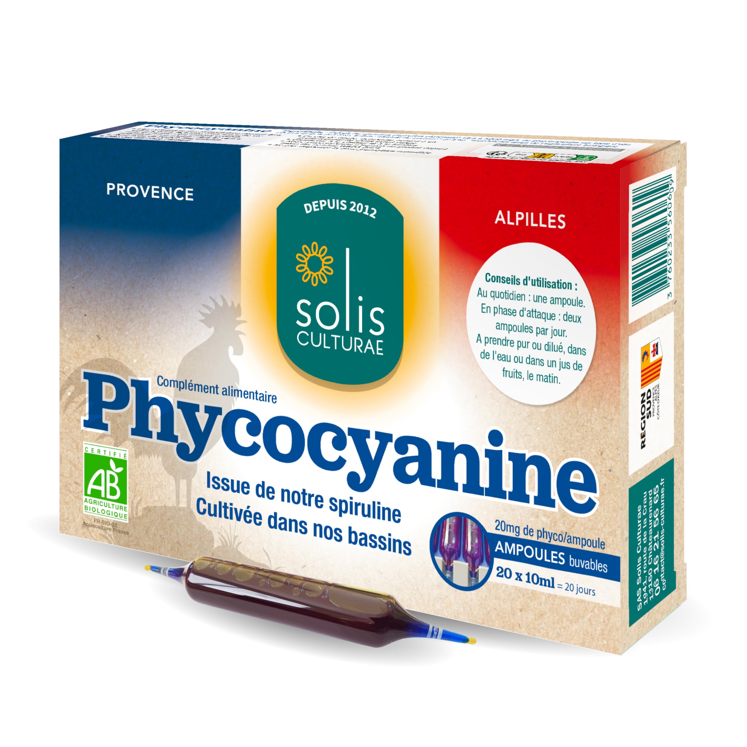 Phycocyanine Bio Française - Immunité & Récupération - 20 Ampoules 5 000 mg/l - Spiruline Paysanne Provence - Solis Culturae
