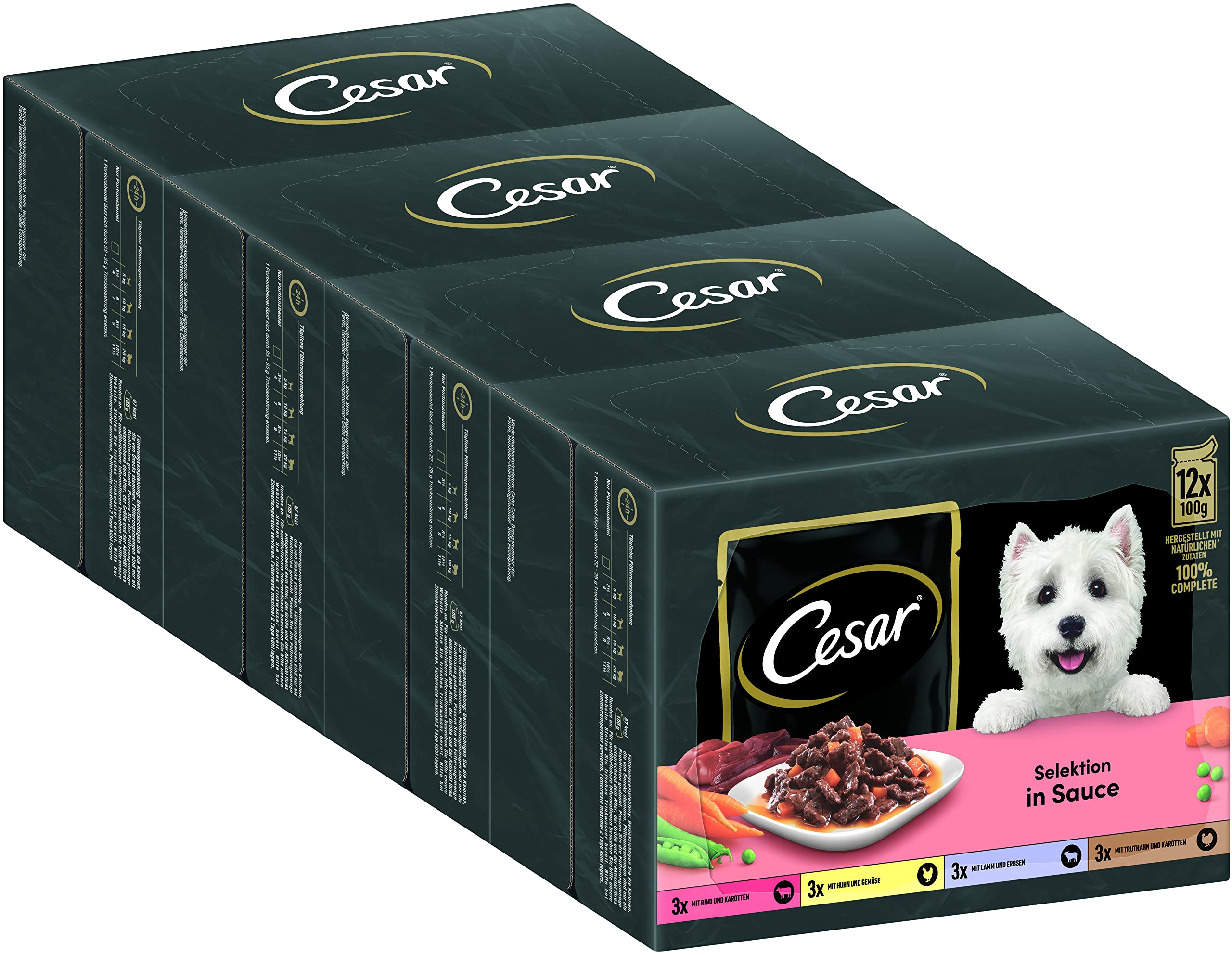 Cesar Adult Hundenassfutter Selektion in Sauce, 48 Portionsbeutel, 12x100g (4er Pack) – Ausgewogenes Premium Hundefutter nass, Auswahl mit Rind, Huhn, Lamm und Truthahn