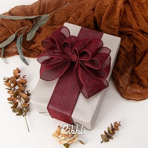 Vista 18 de Ribbli Cinta con alambre de arpillera azul marino, 2-1/2 pulgadas x 10 yardas continuas, cinta con borde con alambre para lazo grande, corona