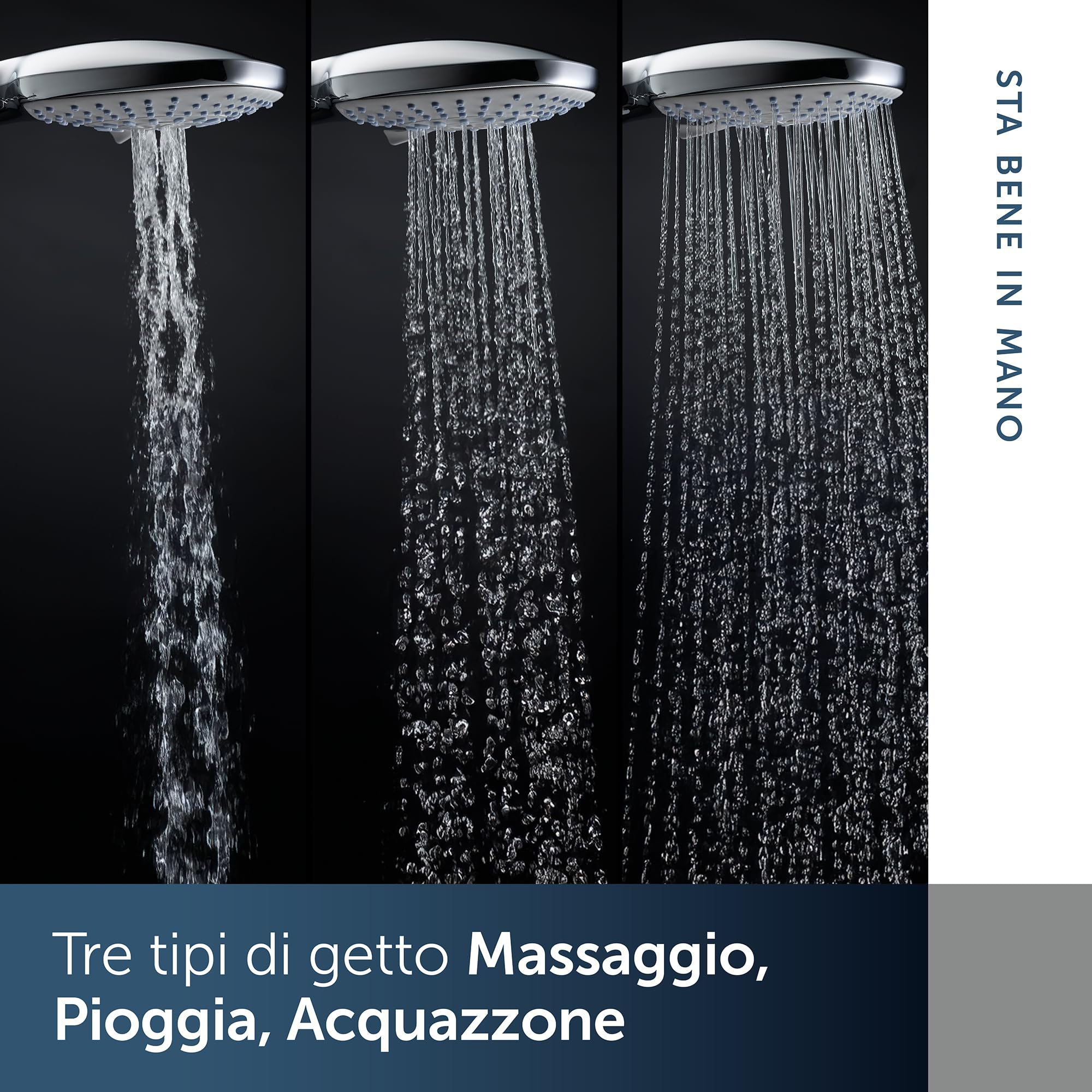 Ideal Standard – Doccia a mano Idealrain Cube, soffione doccia a risparmio idrico con 3 tipi di getto (pioggia, cascata e massaggio) tramite interruttore rotante, cromato