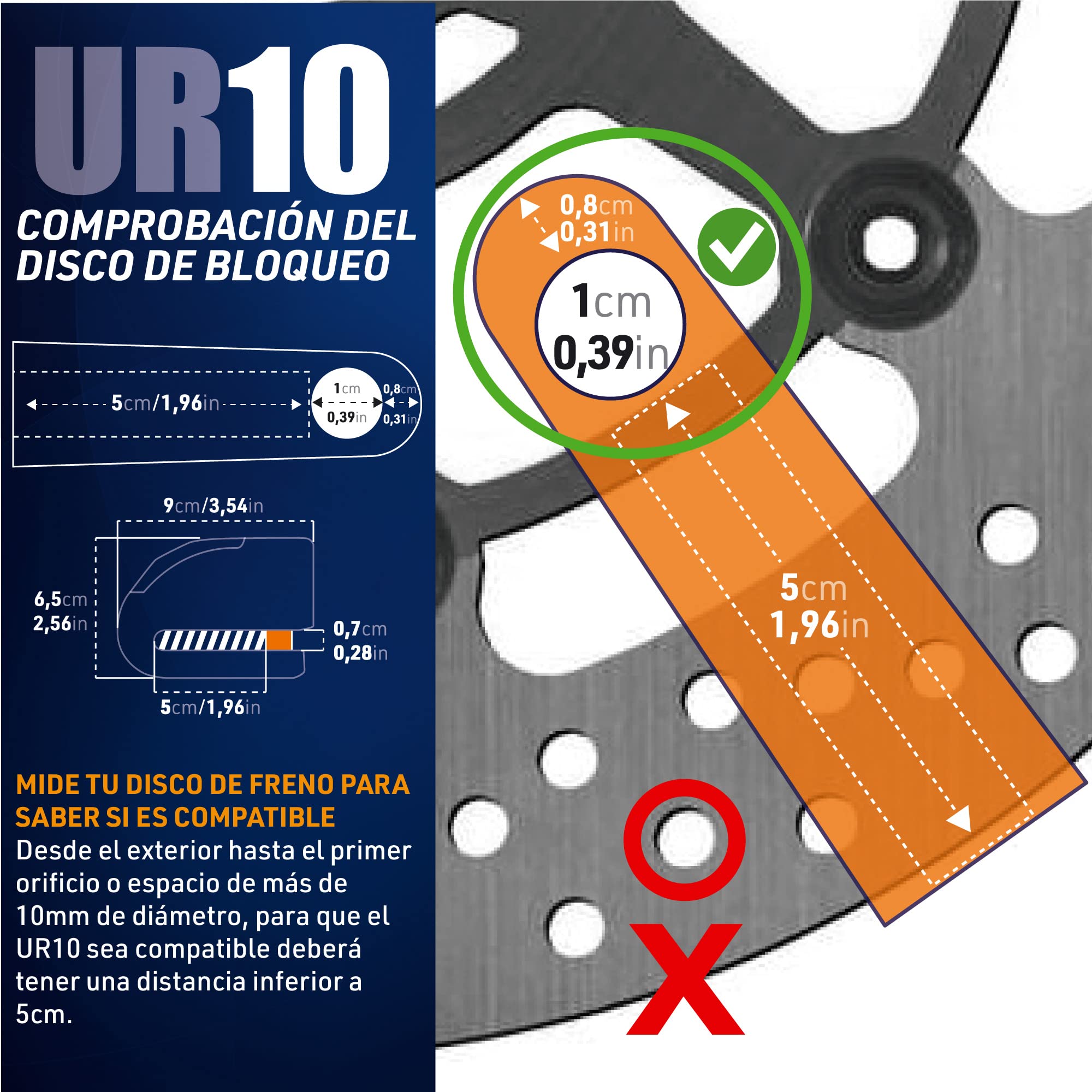 URBAN UR10 Candado Moto Homologado | Antirrobo Disco sin/con Alarma Hi-Tech Más Eficaz, 120dB, LED, Warning Inteligente, Sensibilidad A+ | Cepo Moto Pinza Freno, Doble Cierre 10mm, Acero Endurecido