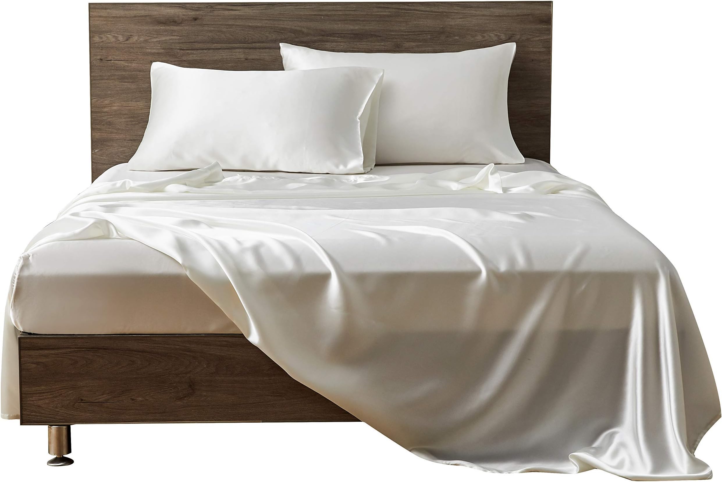 AMAY Pure Silk Satin Sheet Set 4 Pcs 500 Thread Count Queen Size for Bed, Fits Mattress Upto 10-12'' Deep Pocket, Ivory Solid