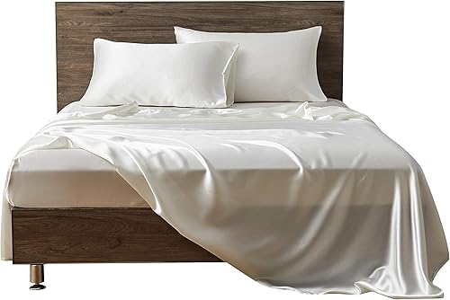 AMAY Juego de sábanas de satén de seda pura de 4 piezas de 500 hilos tamaño Queen para cama, se adapta a colchones de hasta 10 a 12 pulgadas de