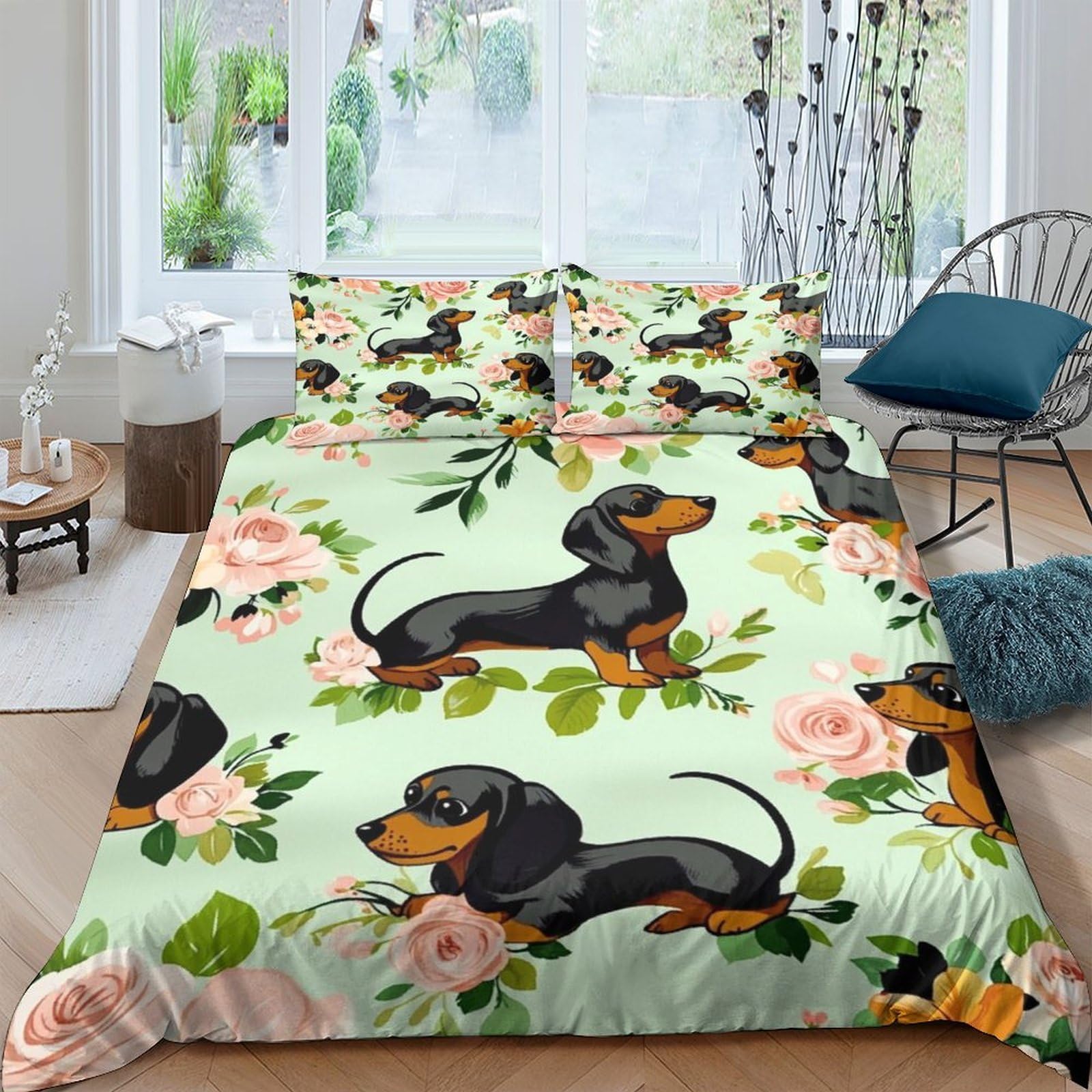 Ctjqhvkz Style-10 3D Printed Dachshund Floral Fitted Sheet Microfiber Soft Anti-Slip Bed Sheet For Bedroom Dorm Guest Room Decor Single（135X200cm）