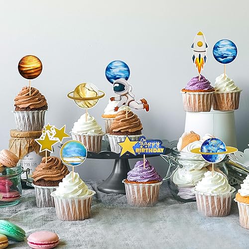 Miniatura 5 de Ercadio Paquete de 36 adornos para cupcakes de astronauta espacial Space Boy Moon Rocket Planet Cupcake Toppers Earth Planet Cupcake Picks Space