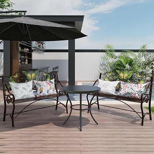 Miniatura 4 de KINGBO Banco de jardín para exteriores de 39 pulgadas con reposabrazos y respaldo, banco de patio de hierro fundido con asiento de listones y patrón