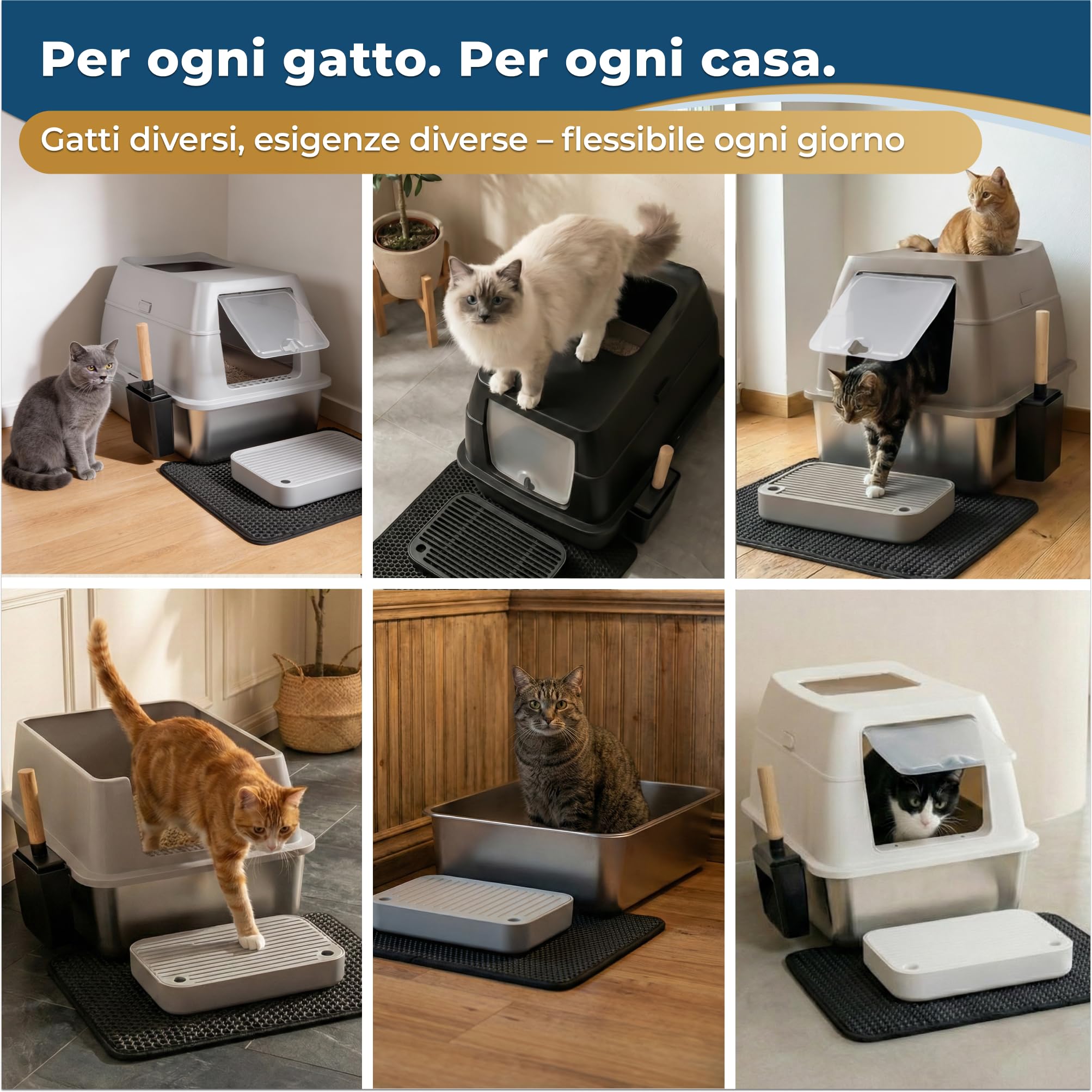 Lettiera per gatti XXL in acciaio inox con coperchio – Toilette chiusa a doppia entrata con gradino, paletta e tappetino – Facile da pulire, anti-odore, per gatti grandi - Beige
