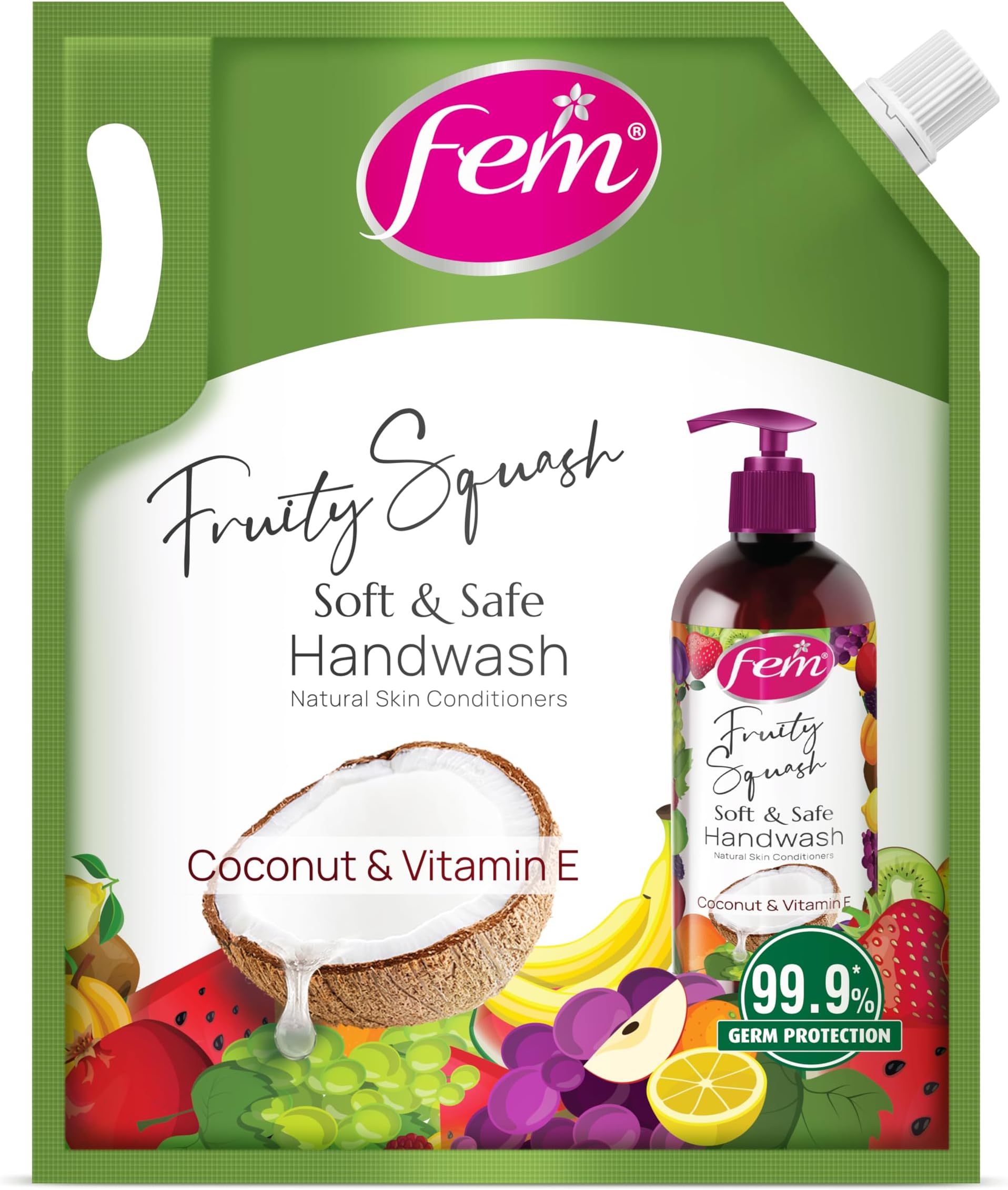 DABUR Fem Fruity Squash Soft & Safe Handwash - 1500Ml | Germ Protection | Enriched With Goodness Of Coconut Milk & Vitamin E | Long Lasting Fragrance