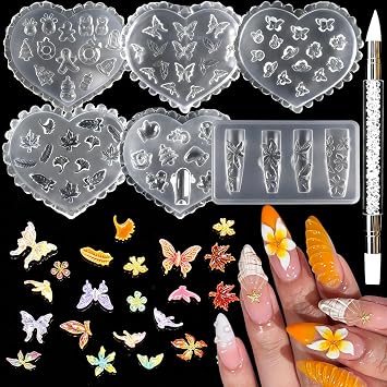 6 Pcs 3D Silicone Nail Art Molds 3D Art Flowers Nail Charm Resin Molds | Multiple Shapes Plumeria, Butterfly, Maple Leaves with Carving Pen Reusable Nail Art Tools for Beginners & Professionals
